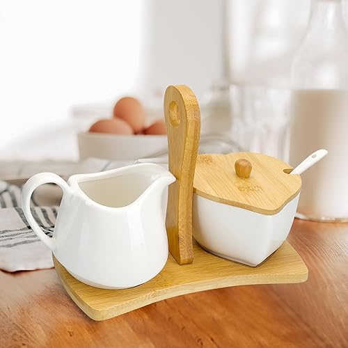 Miniatura 5 de Juego de crema y azúcar con bandeja de transporte, juego de cerámica para crema y azúcar con cuchara y tapa, jarra de crema vintage para azúcar con