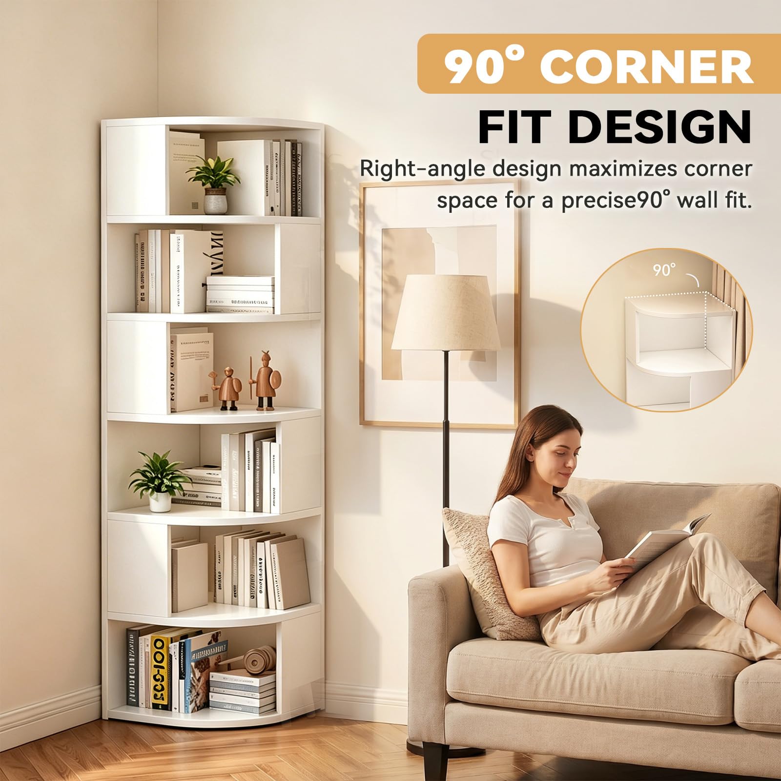 Boohelf - Scaffale angolare a 6 ripiani, salvaspazio, ideale per soggiorno, camera da letto o ufficio