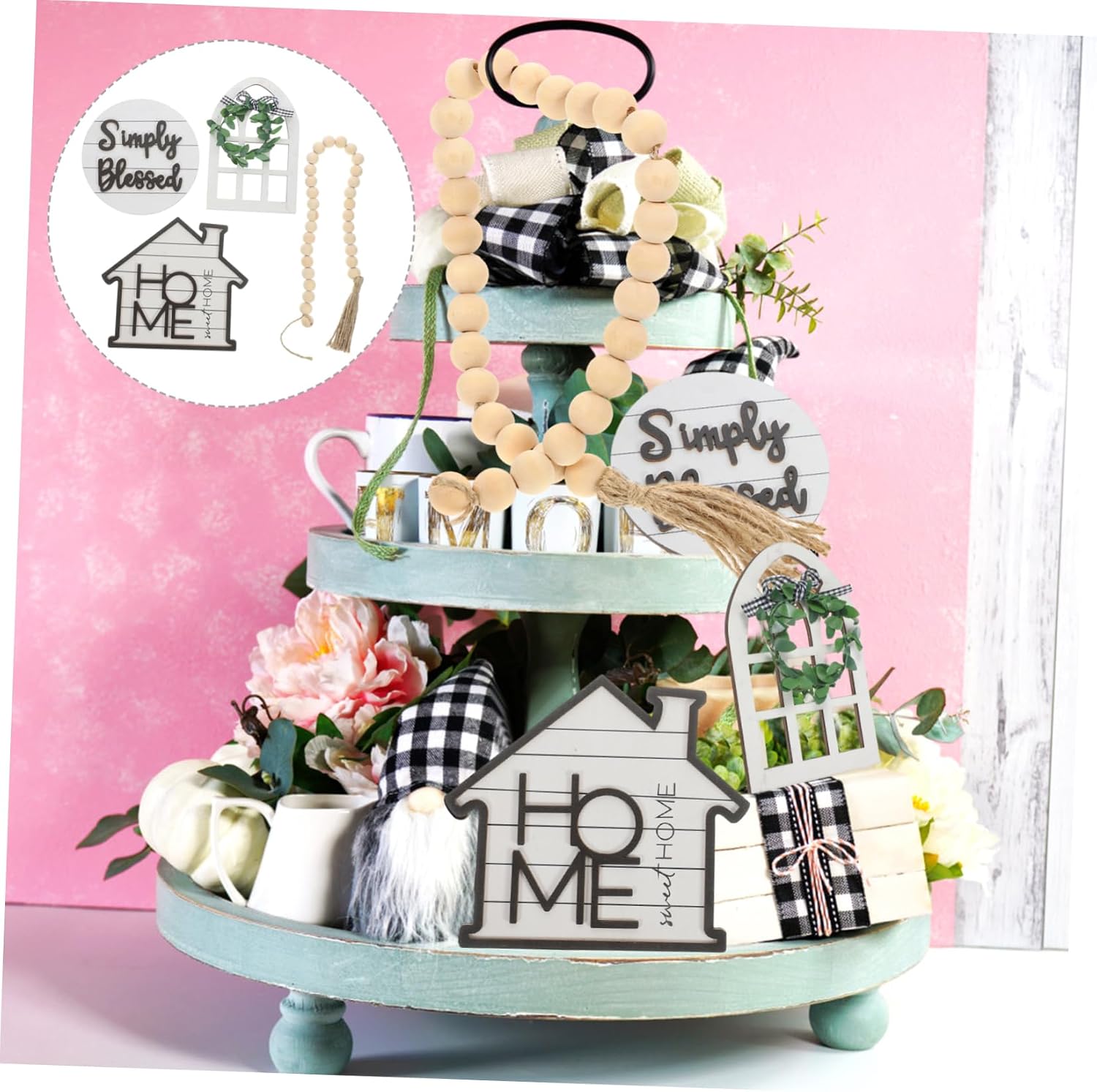 Amosfun Tiered Tray Decor Trays Rustic Table Centerpiece Fresh Colors for Farmhouse Kitchen Decor