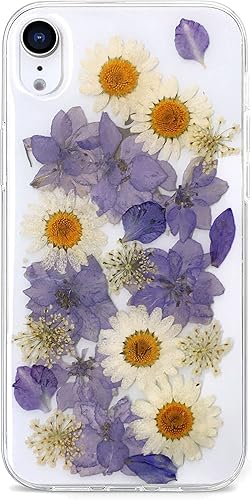 Abbery Funda diseñada para iPhone XR, transparente y con diseño bonito de poliuretano termoplástico suave y flexible de goma prensada, flores reales