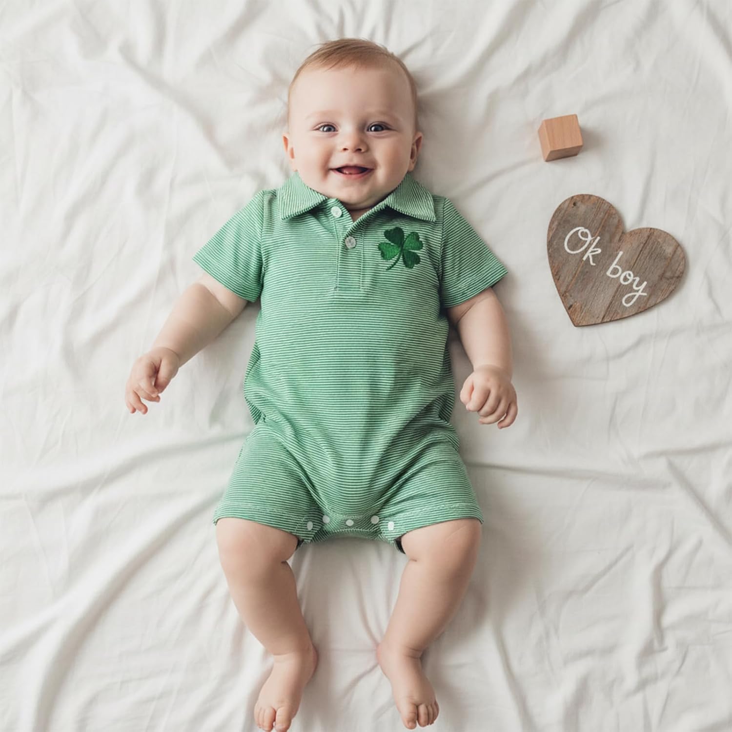 Baby Boy St. Patrick’s Day Outfit Short Sleeve Shamrock Embroidery Romper Lapel Button Striped Bodysuit Jumpsuit