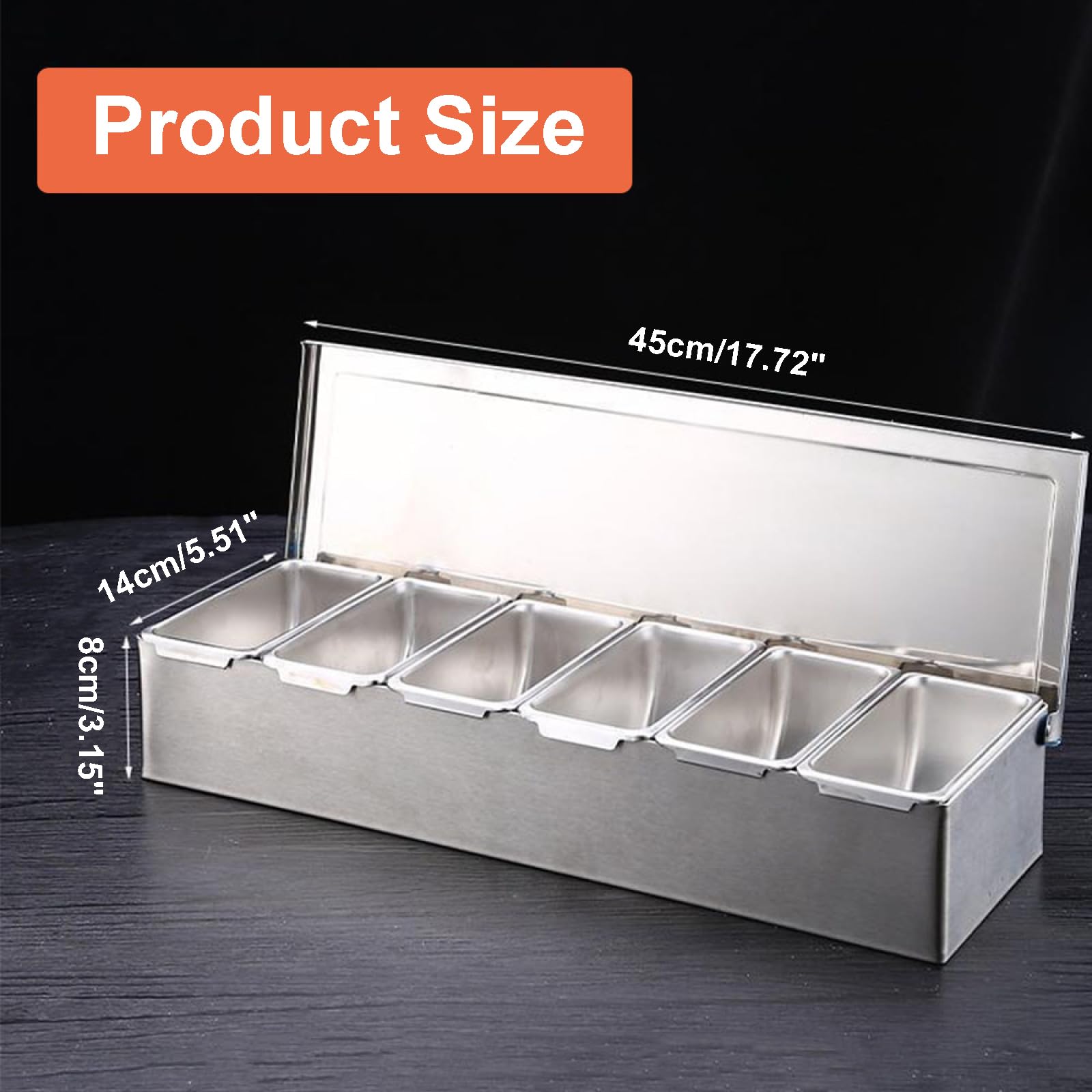 TAIMIKO Contenitore per ingredienti in acciaio inox, 6 griglie, contenitore per spezie, 45 x 14 x 8 cm, contenitore per barbecue con coperchio e griglia interna estraibile, portaspezie cucina