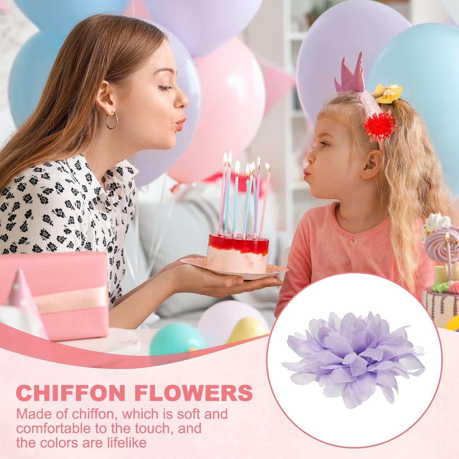 MECCANIXITY Chiffon Flower, 3 Inch Fabric Flowers Bows Sewing Fabric Appliques Headband Embellishments for Crafts Dresses DIY Party Wedding Decoration Light Purple Pack of 20