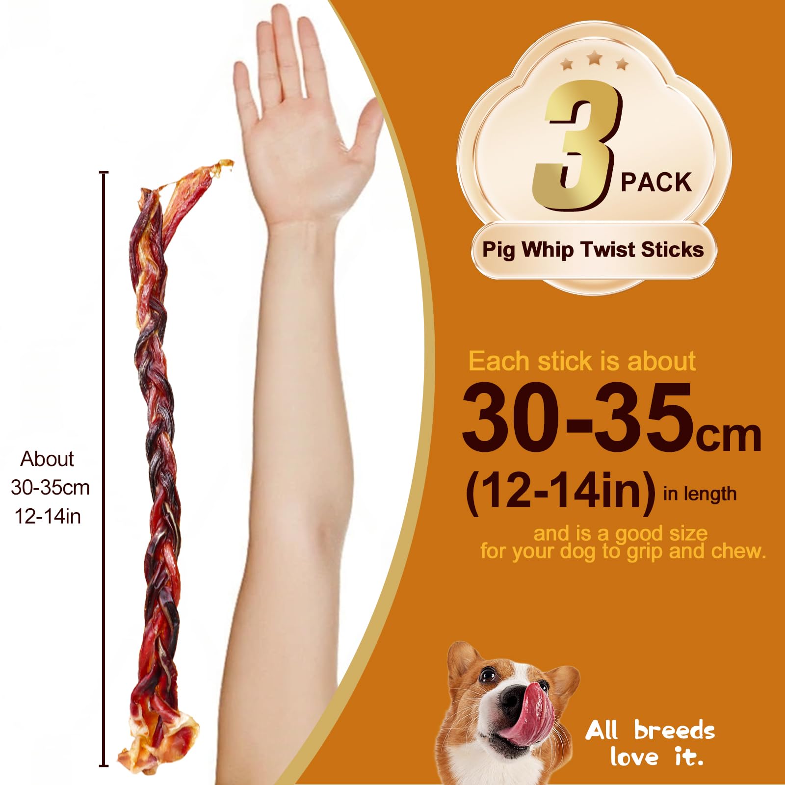 3 Pieces Pork Whip Dog Treats 28cm Each 60g Total Snacks for Heavy Chewing Dogs