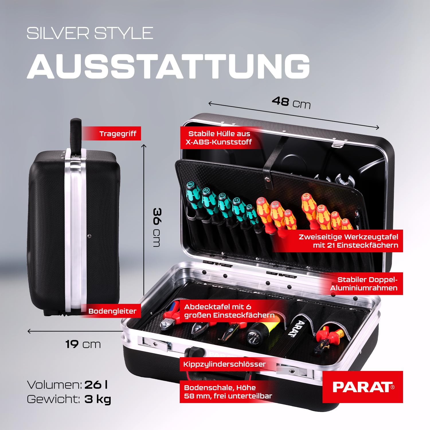 PARAT SILVER Style Werkzeugkoffer leer X-ABS Aluminium 27 Fächer teilbare Bodenschale Toolbox