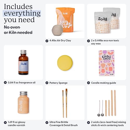 Miniatura 2 de Sculpd Kit de cerámica para hacer velas para adultos con arcilla seca al aire y juego de pintura acrílica, cera de soja ecológica no tóxica, aceite