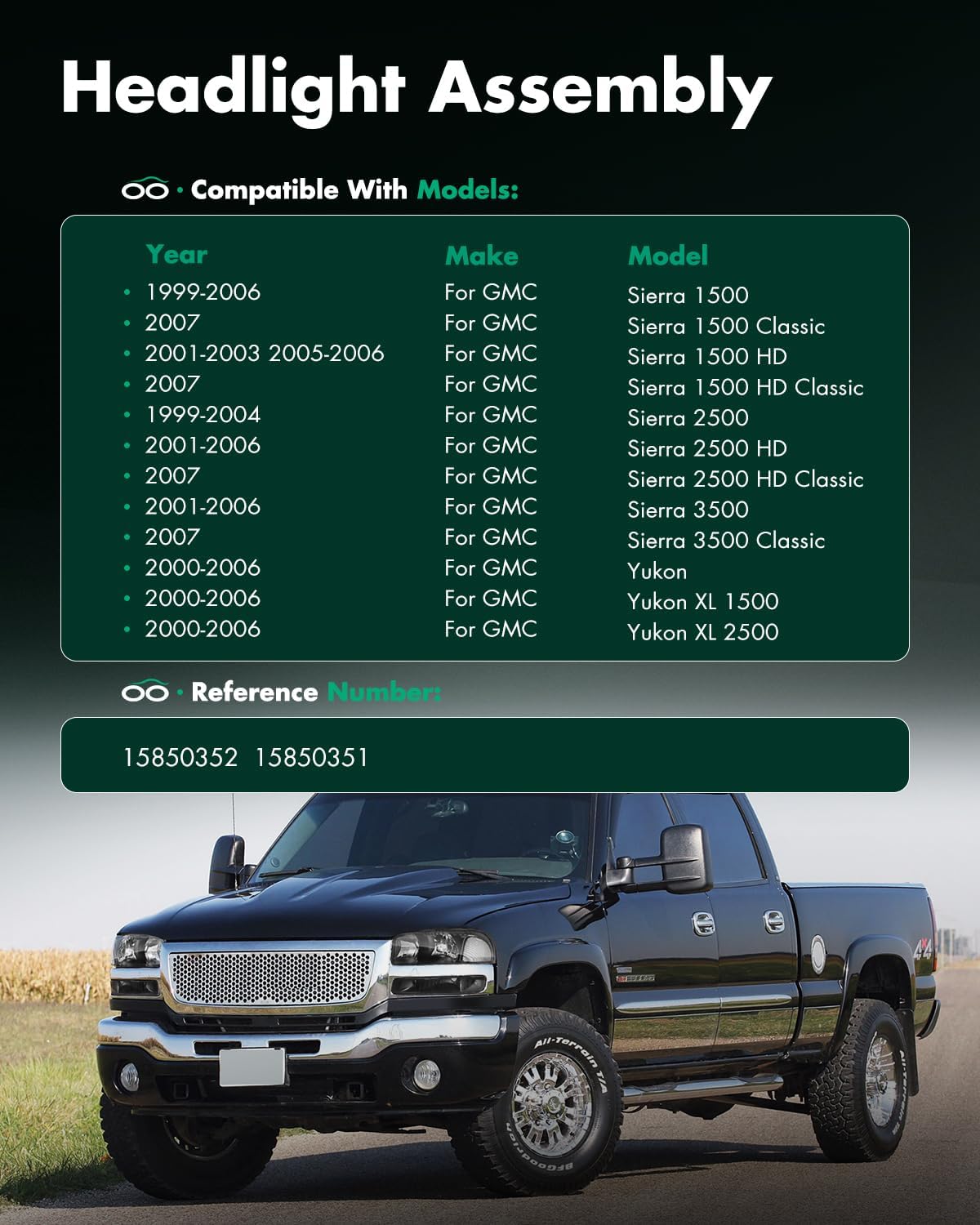 SCITOO Headlight Assembly Fit for GMC Sierra 1500 1999-2006 for GMC Yukon 1999-2006 for GMC Yukon XL 1500 2000-2006 Pair Headlamps OE:15850352