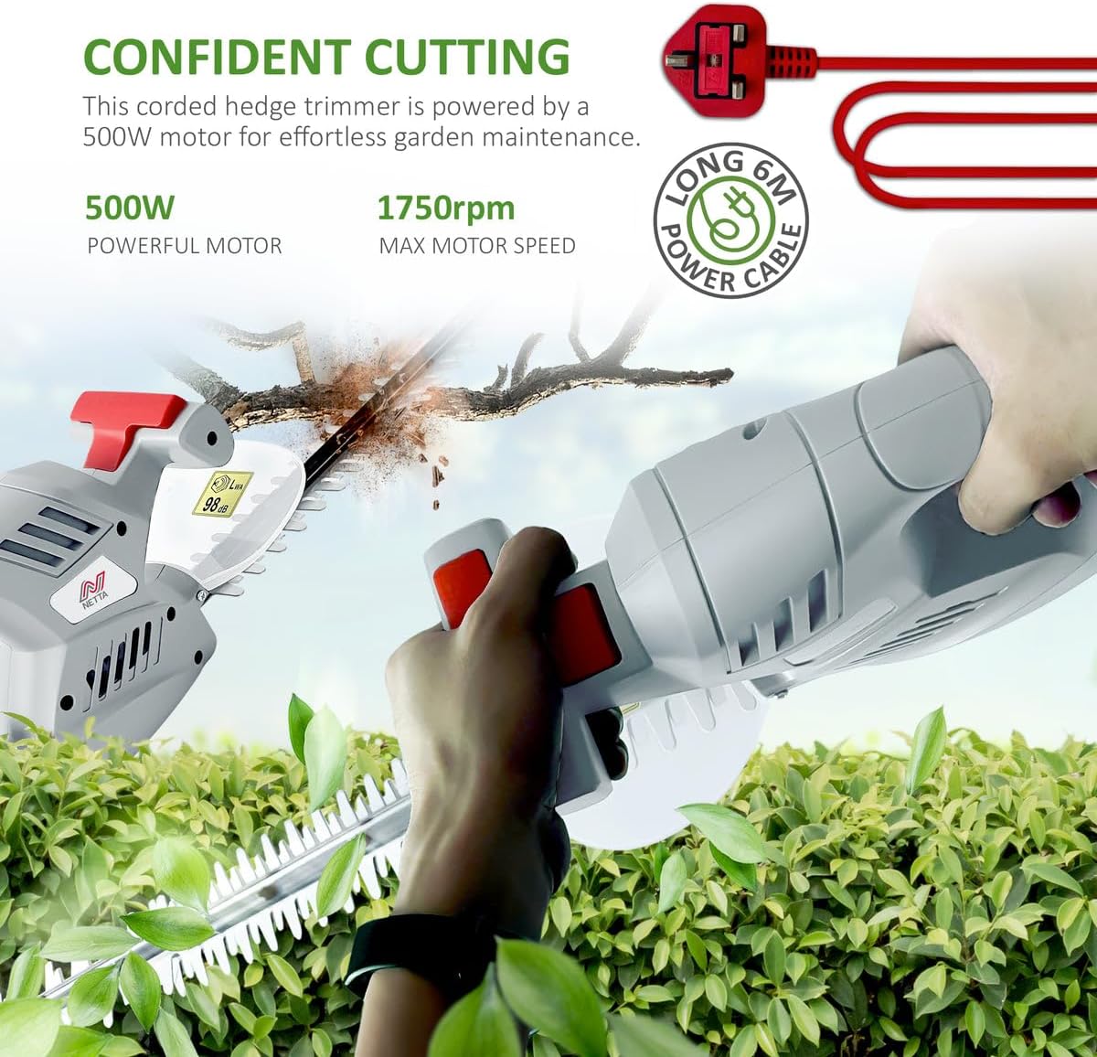 500W Corded Hedge Trimmer & Electric Hedge Cutter - 50cm Diamond Blade, 16mm… thumbnail 2
