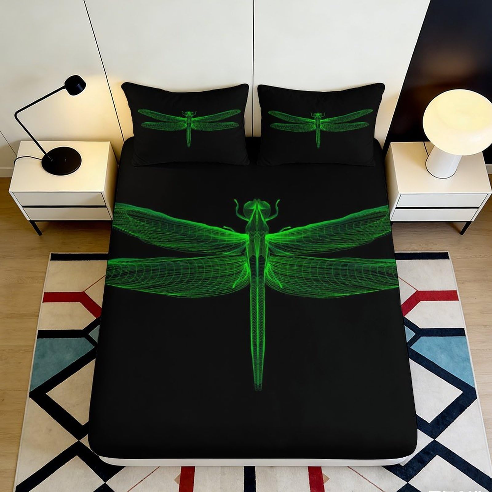 3D Printed Dragonfly Fitted Sheet Microfiber Deep Pocket Bedroom Bedding Non-Slip Full Wrap Dragonfly Mattress Fitted Cover Washable for Adults 140x200x25cm