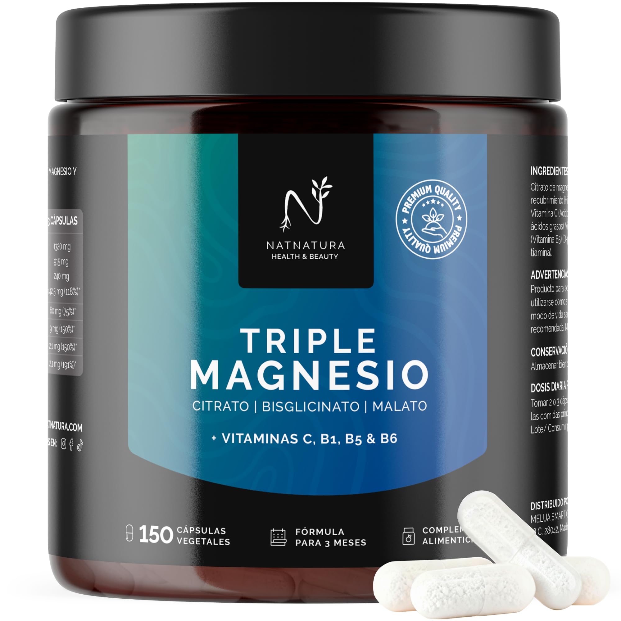 Magnesio Triple – Citrato de magnesio, Bisglicinato y Malato | 442 mg de magnesio elemental por dosis + Vitaminas B1, B5, B6 y C | Antifatiga, Calambres y Recuperación Muscular | 150 cápsulas.