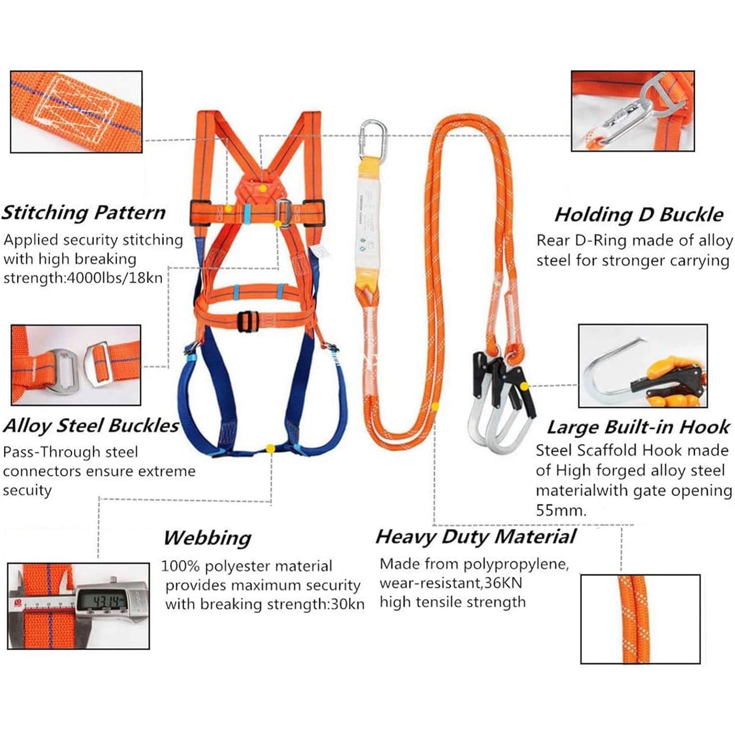 Ceinture SéCurité Anti-Chute, Kit Harnais de Protection Anti-Chutes Haute Résistance avec Sangle Harnais de Securite Anti Chutes Longe Réglable Equipée pour la Construction l'entretien
