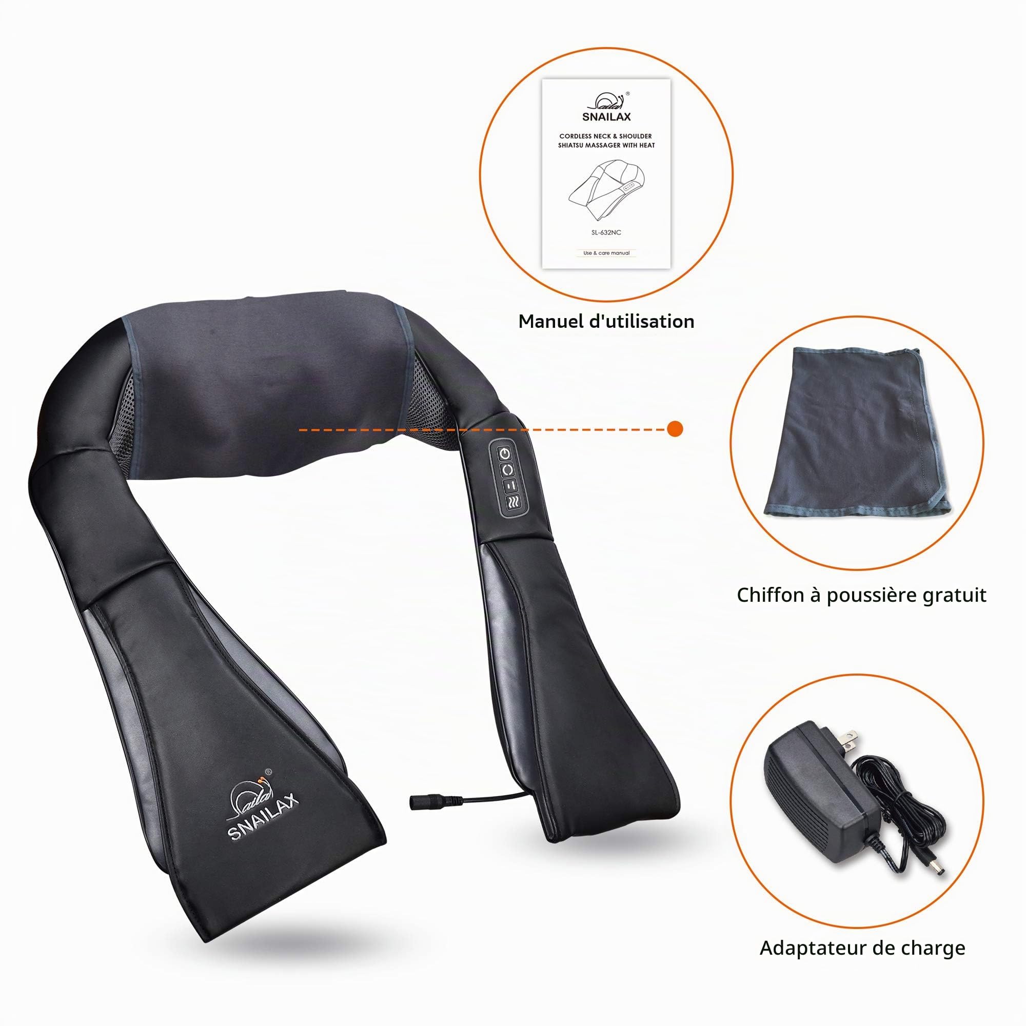 SNAILAX Appareil de massage pour le cou sans fil - Masseur pour épaules et cou chauffant, massage de la nuque et du dos, taille, pied, oreiller de massage électrique Cadeau Noël/Femme/Homme