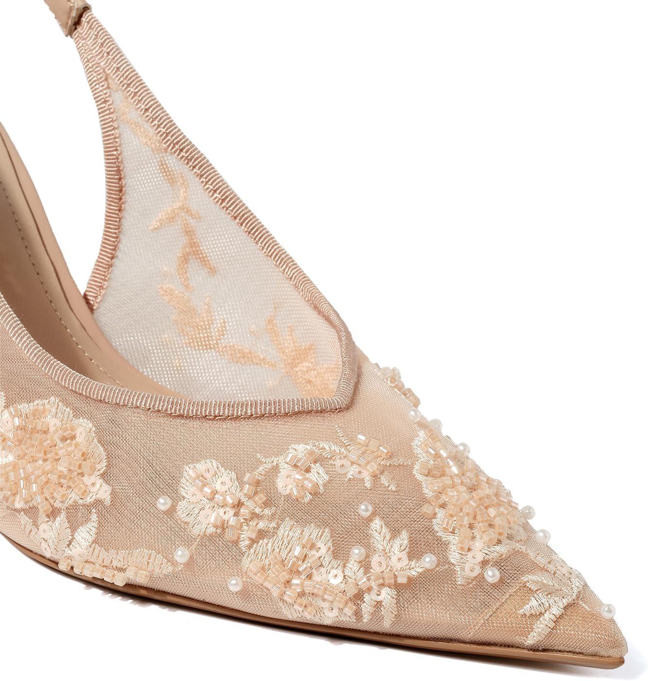 Slingback Heels for Women Pointed Closed Toed Kitten Heel Mesh Wedding Bridal Pumps - Image 7