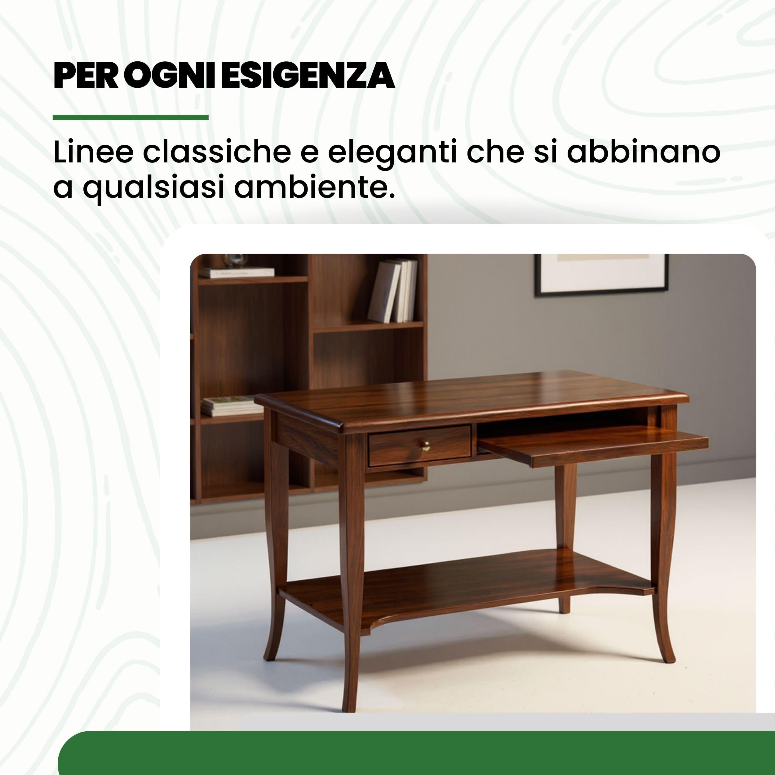 Mar.c.a. Design - Scrivania Ufficio per PC in Legno Noce Scuro, Stile Classico Arte Povera con Porta Computer Fisso, Cassetti e Piano Estraibile per Tastiera e Mouse - Made in Italy