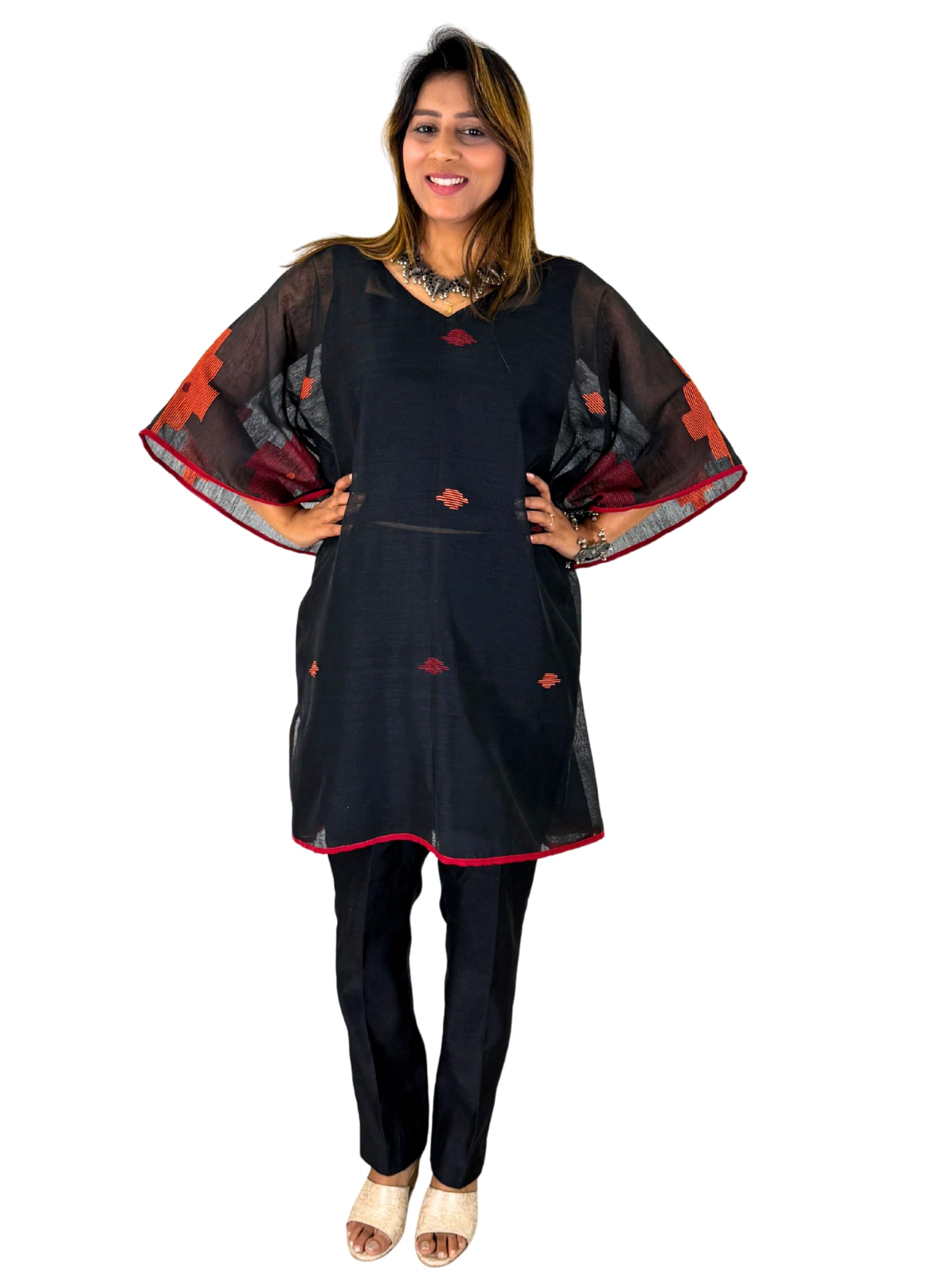 Black Cotton Silk Jamdani Kaftan Set with Inner Top and Pants for Women-image-36