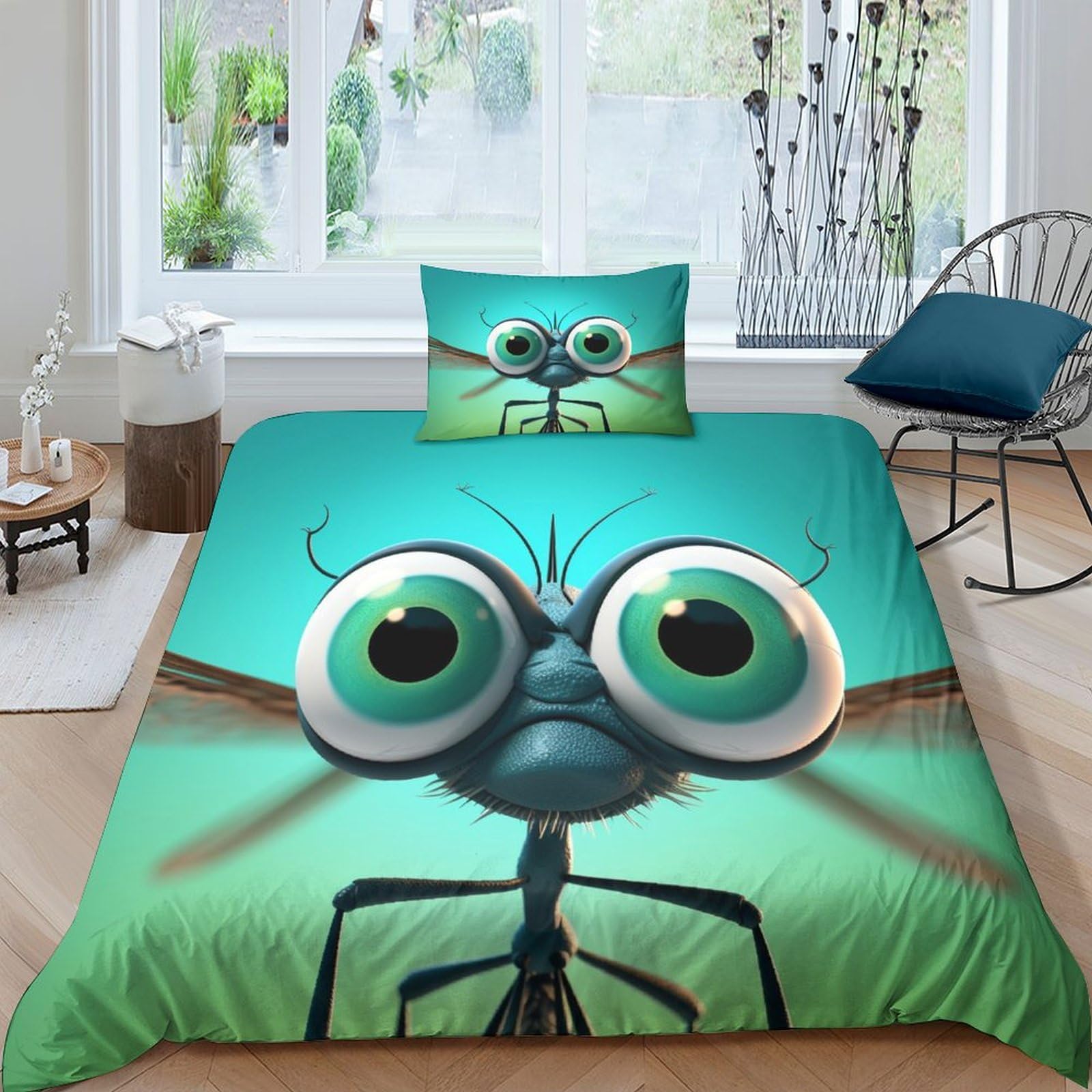 Housse de couette 135x200 microfibre 3 pièces motif libellules fermeture éclair