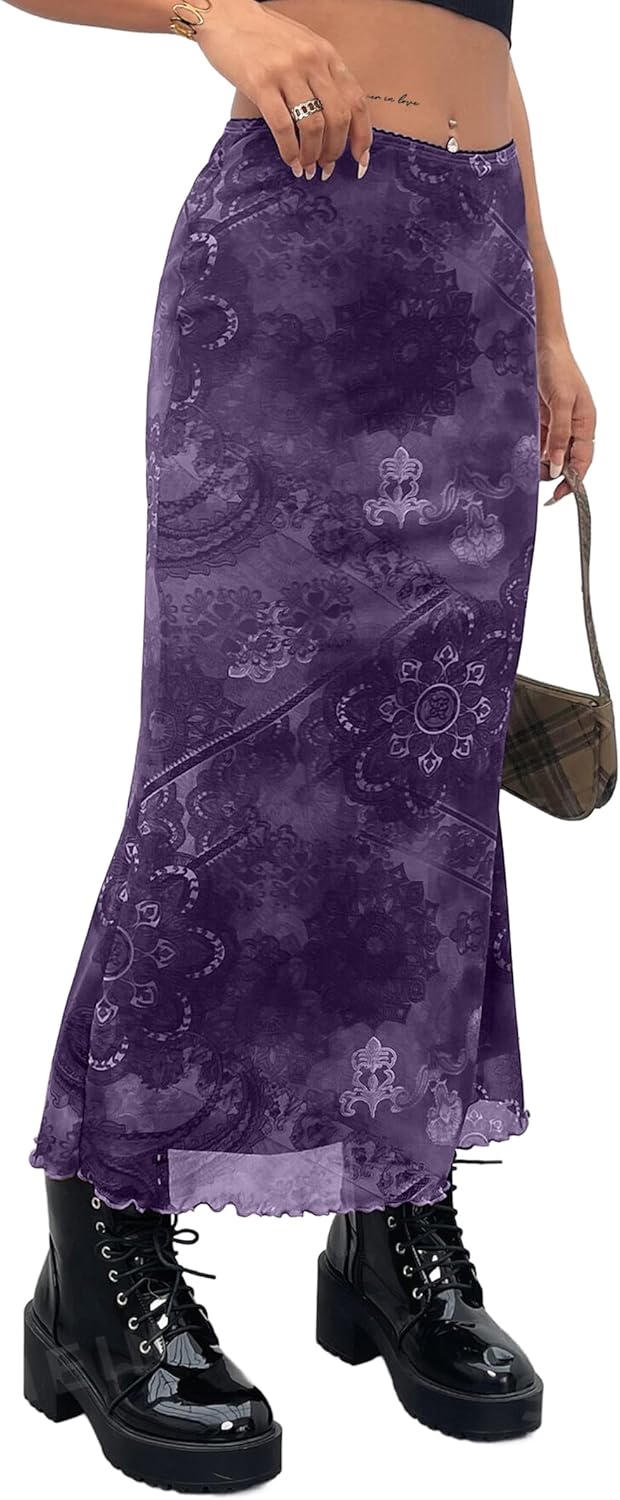 Avanova Women Boho Floral Mesh Long Skirts Elastic High Waisted Mermaid Hem 90s Grunge Maxi Skirt Purple X-Large - Image 4