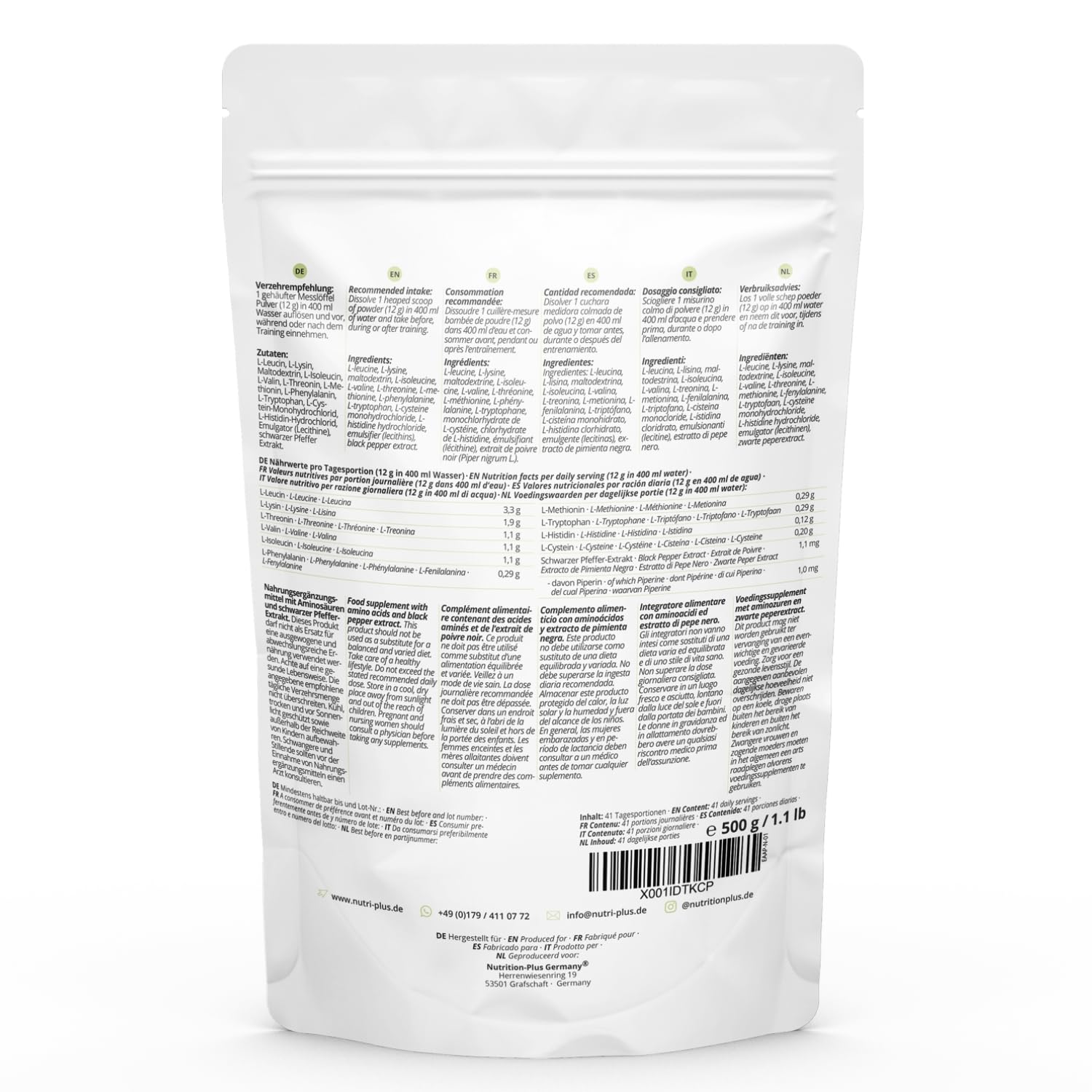 Nutri + Eaa 9 acides aminés poudre - Poudre d'EAA Neutral 500g - Haute dose - AAE instantanés goût neutre sans édulcorants, additifs & goût artificiel - Vegan Essential Aminos
