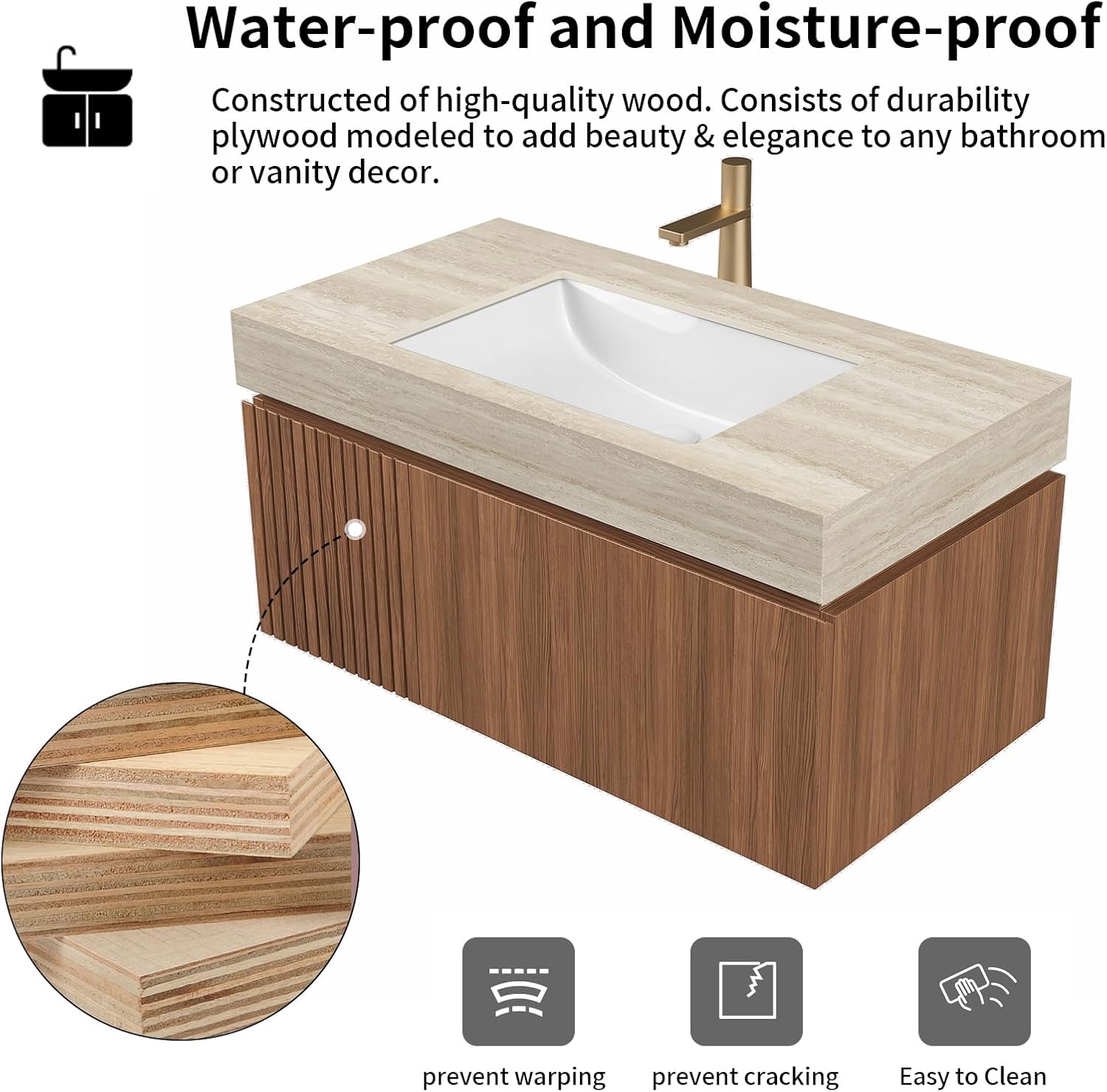 LKTART Floating 36 Inch Bathroom Vanity with Sink, Modern Plywood Wall Mounted Bathroom Storage Cabinet with 1 Door and 1 Drawer, Roma Travertine-Pattern Sintered Stone Countertop and Ceramic Basin