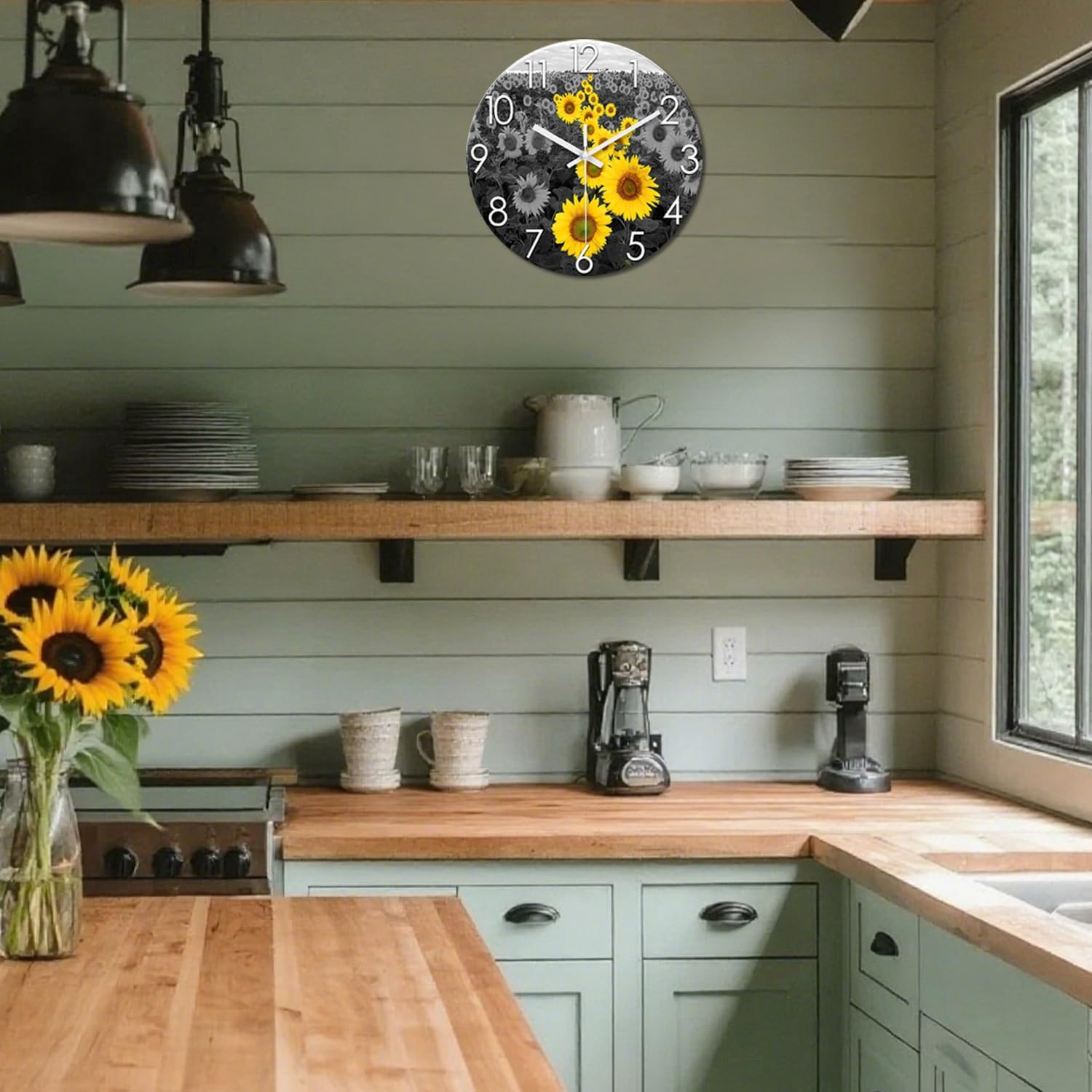 XFM Sunflower Kitchen Decor 14 Inch Silent Wall Clocks Battery Operated Decorative Yellow Flower Clock for Living Room Bathroom Home Office