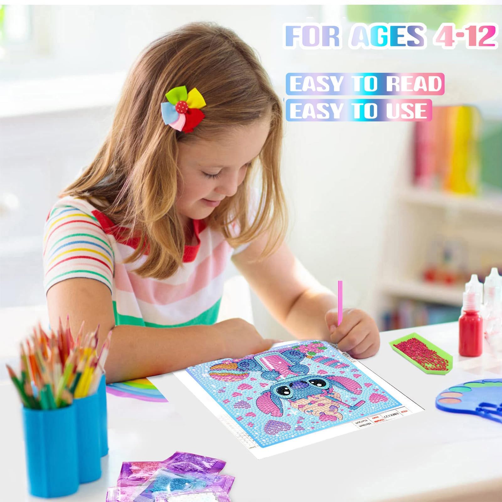 Stitch Diamond Painting Enfant, 5D DIY Broderie Diamant Kit Complet avec Cadre en Bois, Peinture Diamant pour Enfants Filles Adultes Diamant Painting Arts Craft pour Décoration Murale（15x15cm）