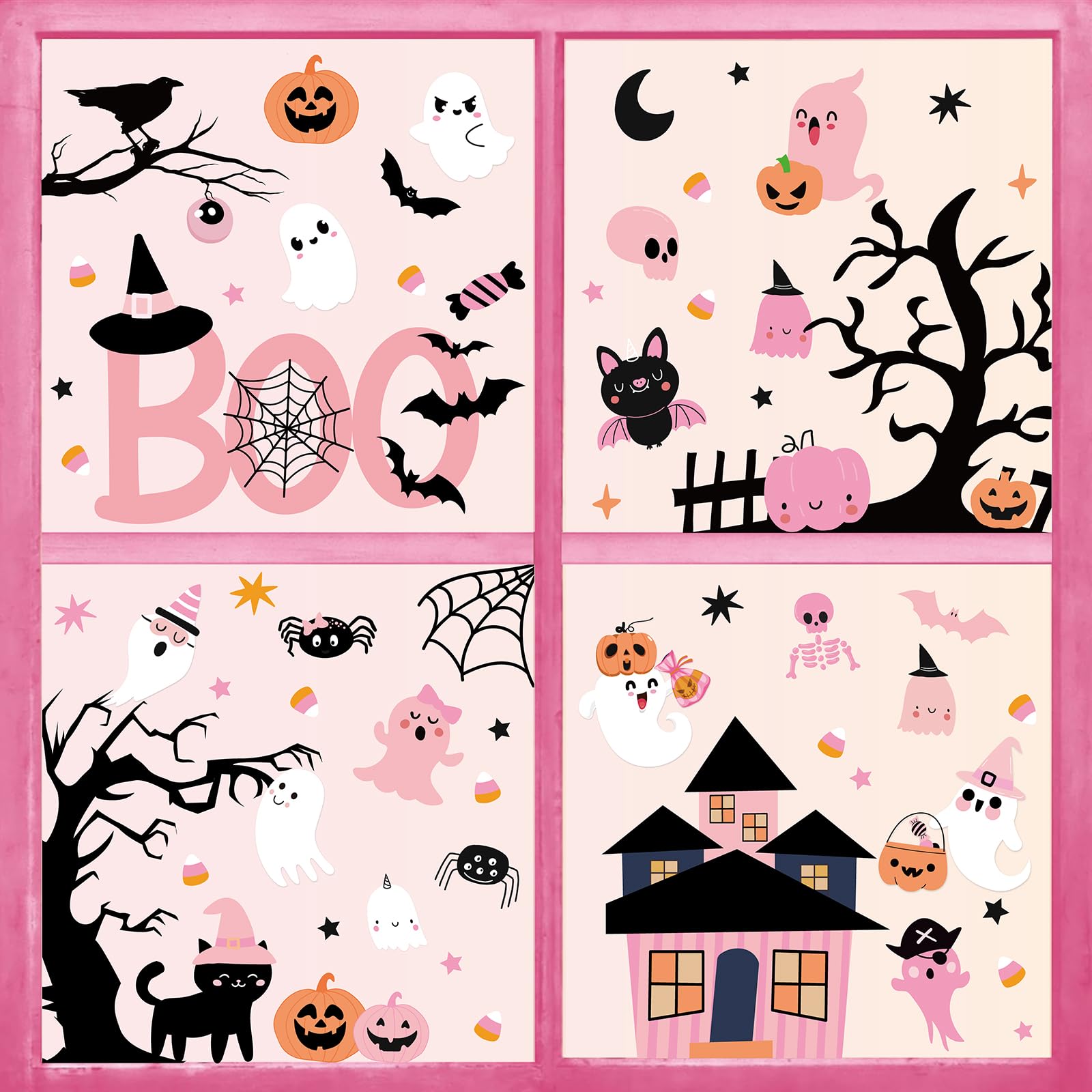 Whaline 9 Sheets Pink Halloween Window Clings Cute Boo Ghost Pumpkin Bat Reusable Window Decals for Home Classroom Office Glass Decor Happy Boo Day Party Supplies