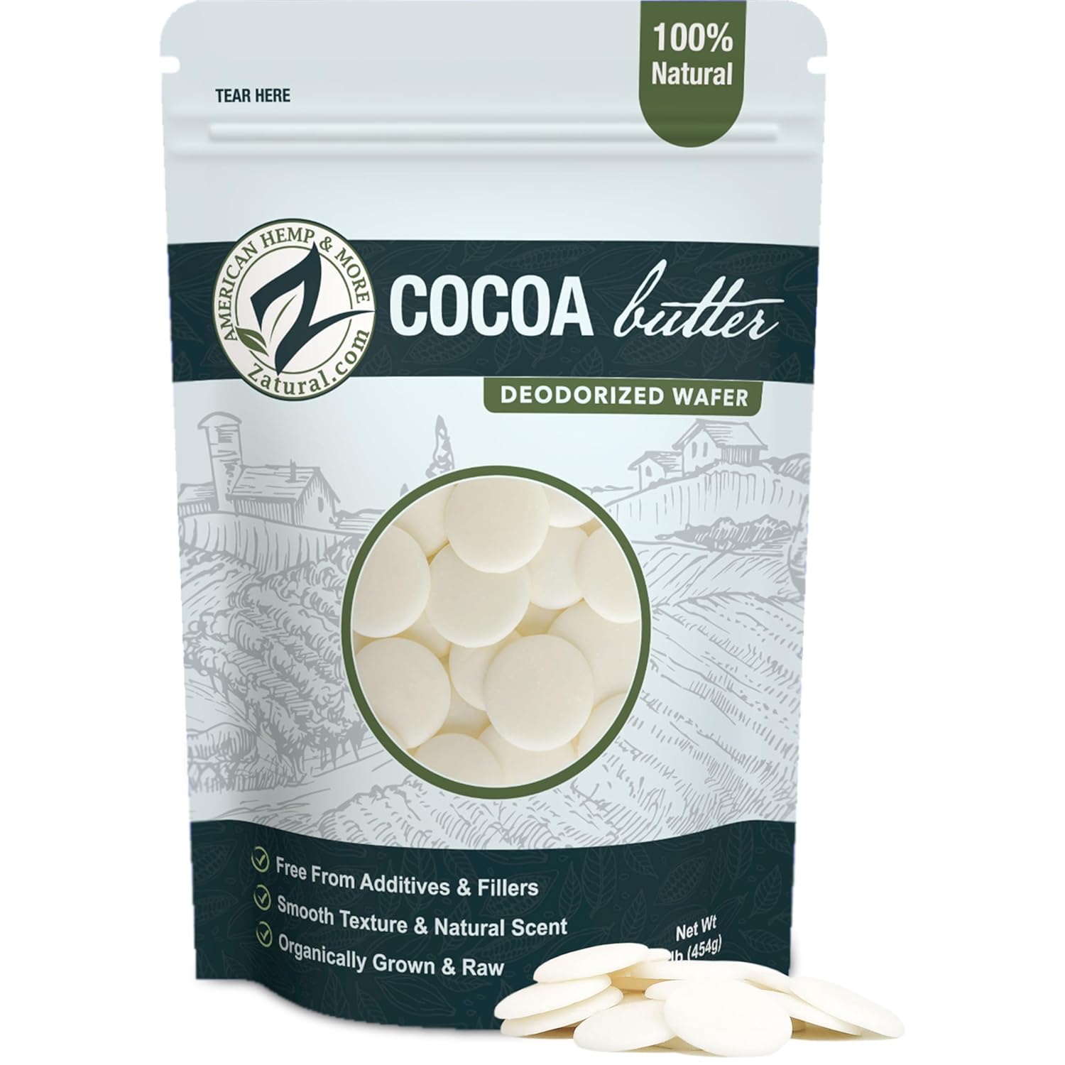 Zatural Raw Cocoa Butter Wafers Deodorized – 100% Pure Food-Grade Prime-Pressed Cocoa Butter, Neutral Scent, for DIY Lotion Lip Balm Soap Chocolate & Candles (16 oz Wafers)