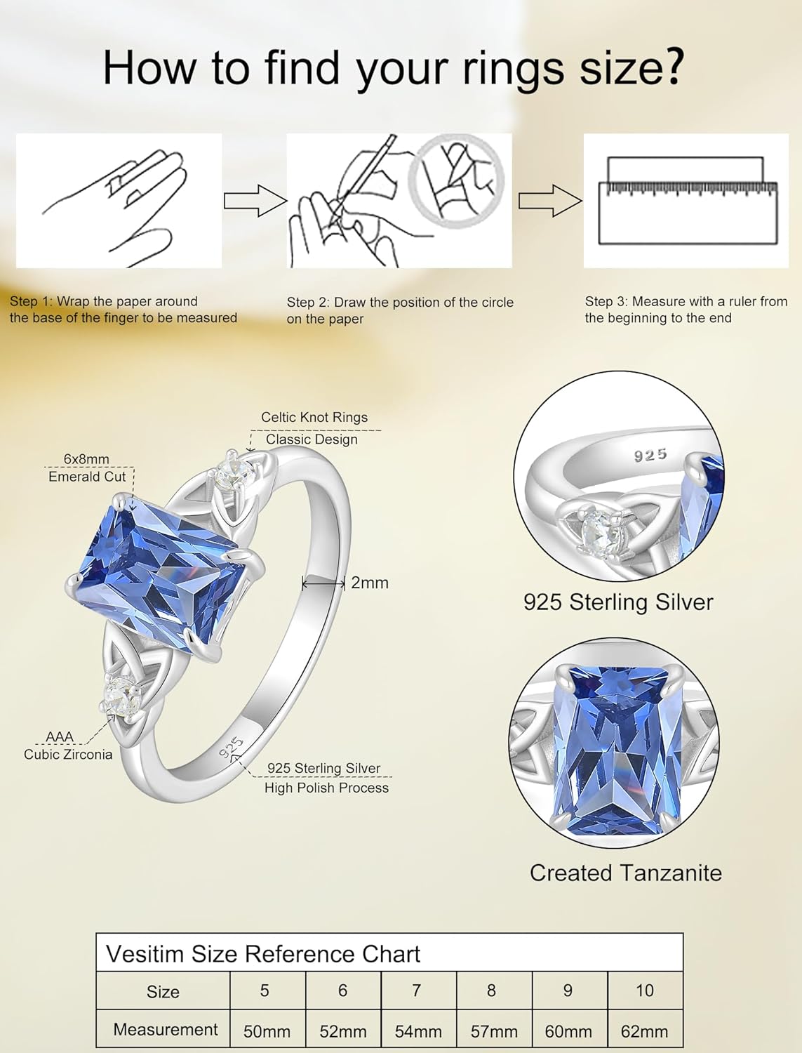 Emerald Cut Engagement Ring Sterling Silver Celtic Knot Ring Solitaire Wedding Band Birthstone Jewelry Size 5-10 - Image 6