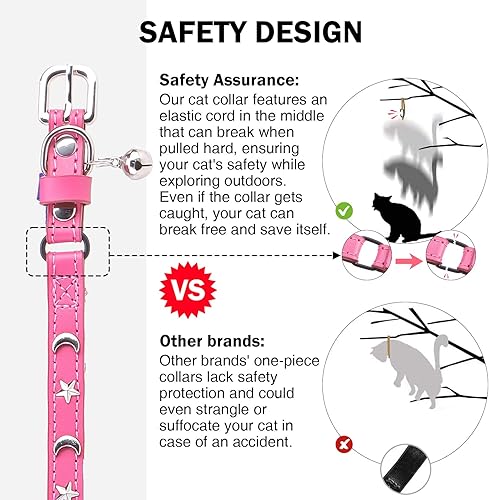 Miniatura 6 de Collares de cuero para gatos con campana y cinturón elástico de seguridad, collar de hebilla ajustable de estrella y luna personalizado para gatos