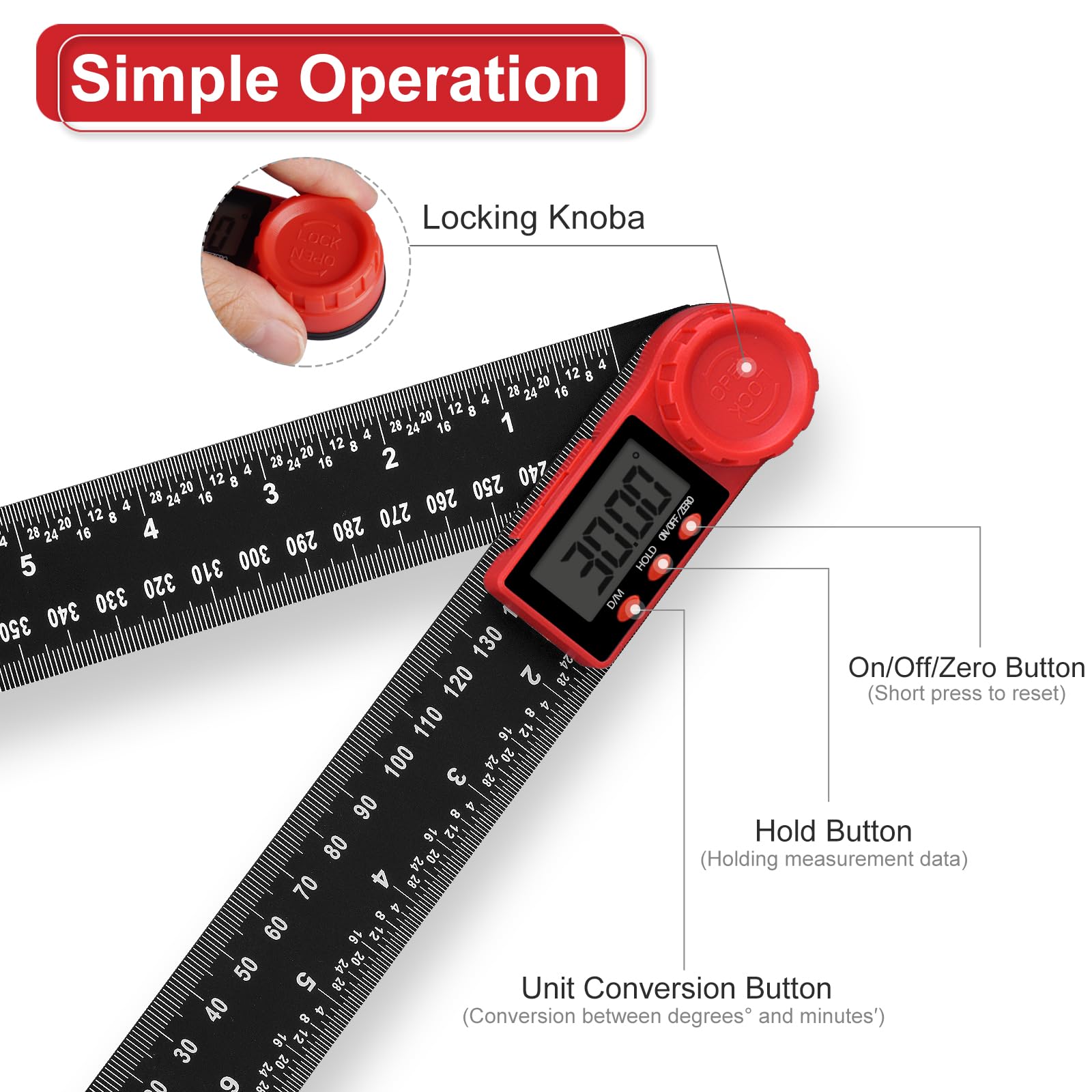 Goniometro digitale 2 in 1 200 mm 7,8 pollici con display LCD e funzione hold blocco righello angolare girevole 360°