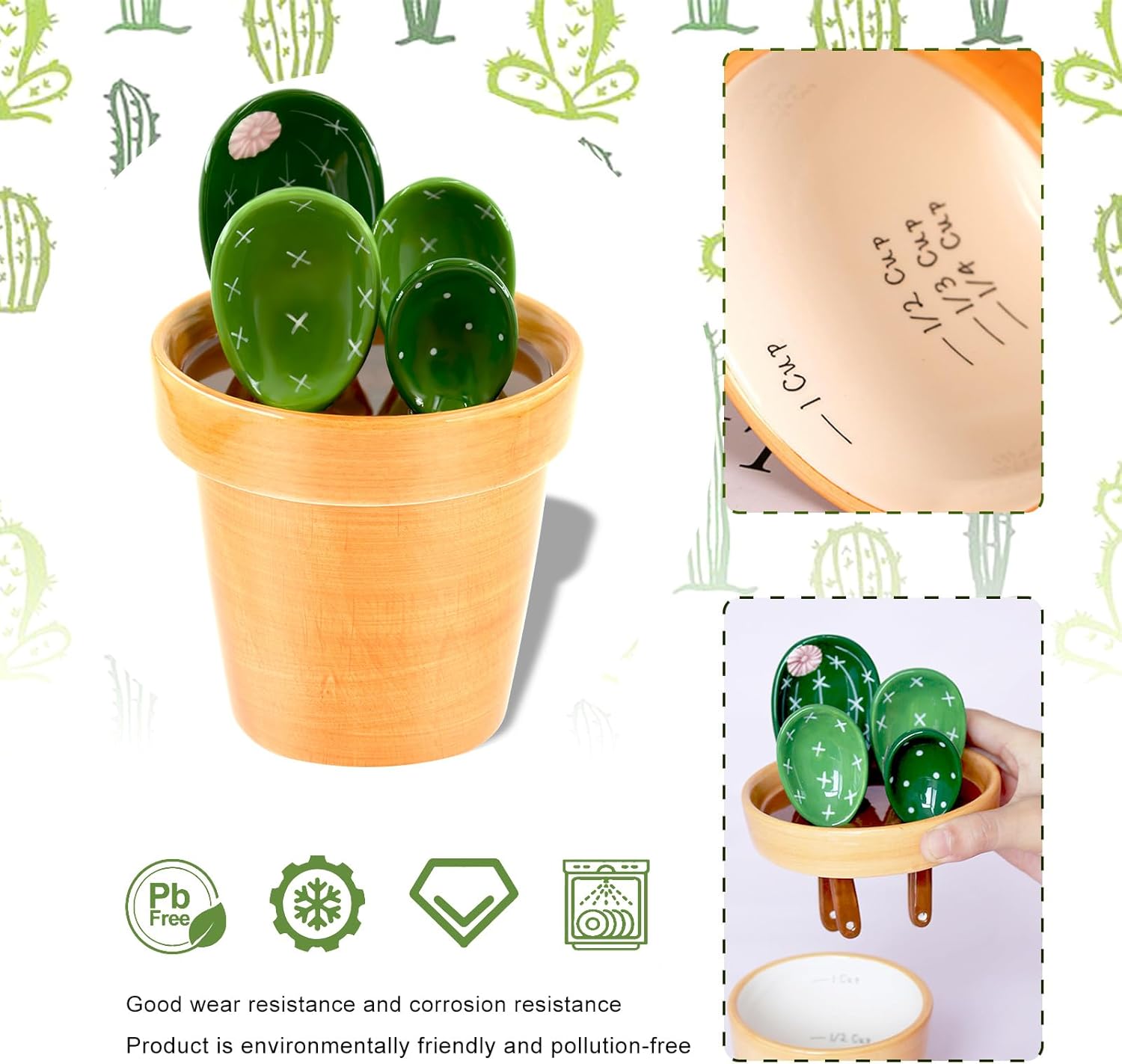 BigNoseDeer Ceramic Cactus Measuring Cups and Spoons Set Organizer, Cute 4 Size Measuring Spoons Set for Kitchen Housewarming Gifts New Home Gifts for Women