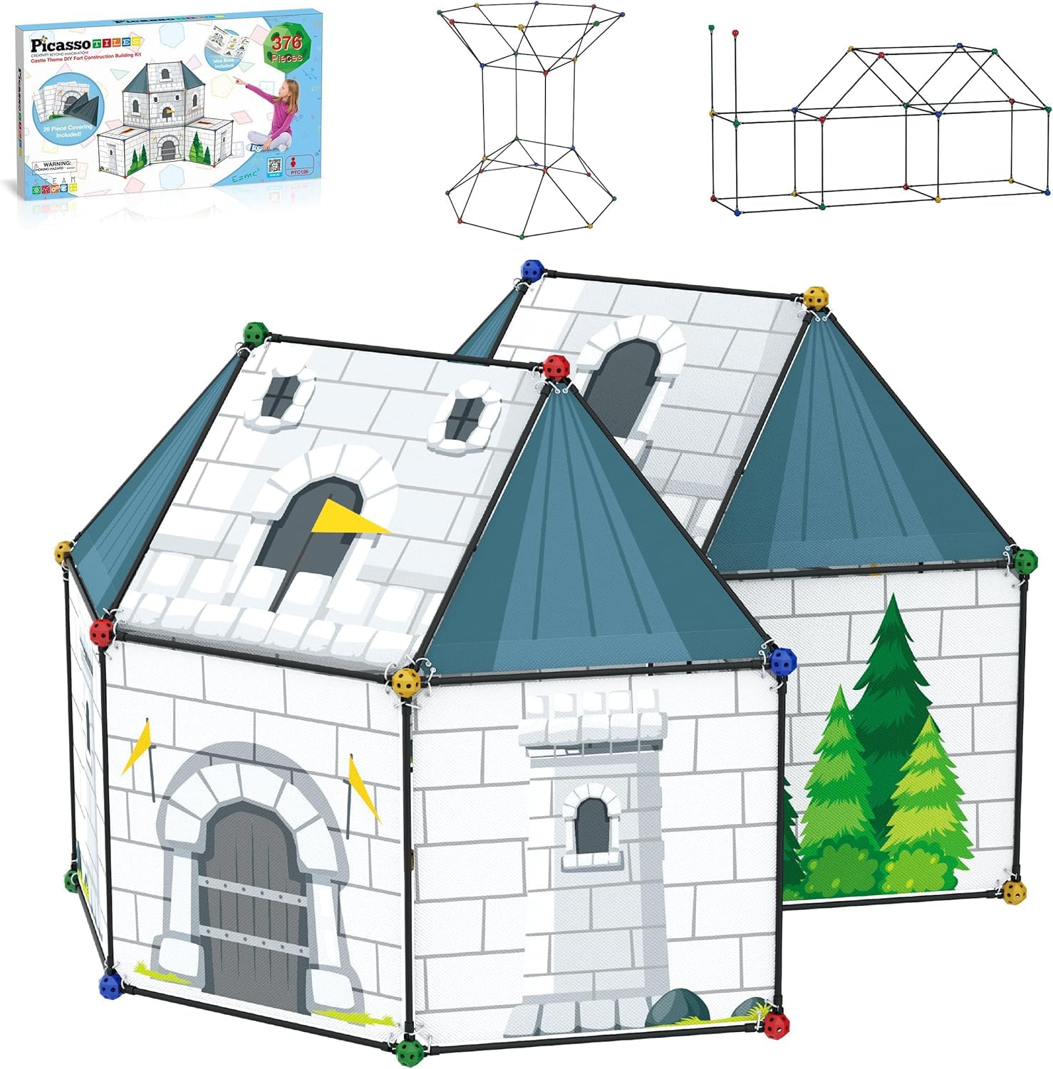 PicassoTiles Fort Building Kit 376 Pieces Kids STEM Educational Learning Construction Play Toy Indoor and Outdoor DIY Build Forts Castles Tents Playhouse with Cloth Cover Print Boy Girl Ages 5+ PTC126
