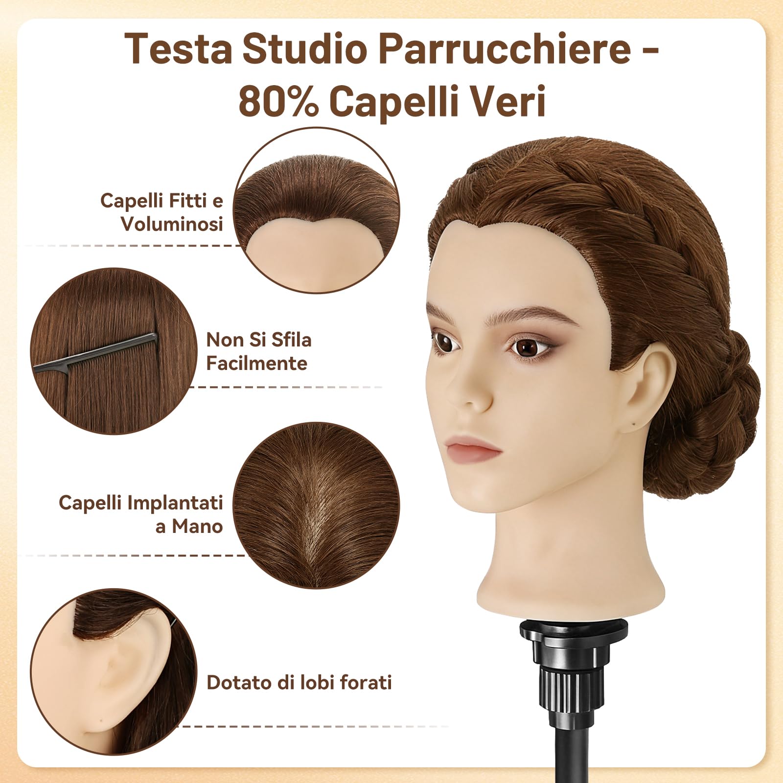 TwoWin 60 cm Testa Parrucchiere 80% Capelli Veri,