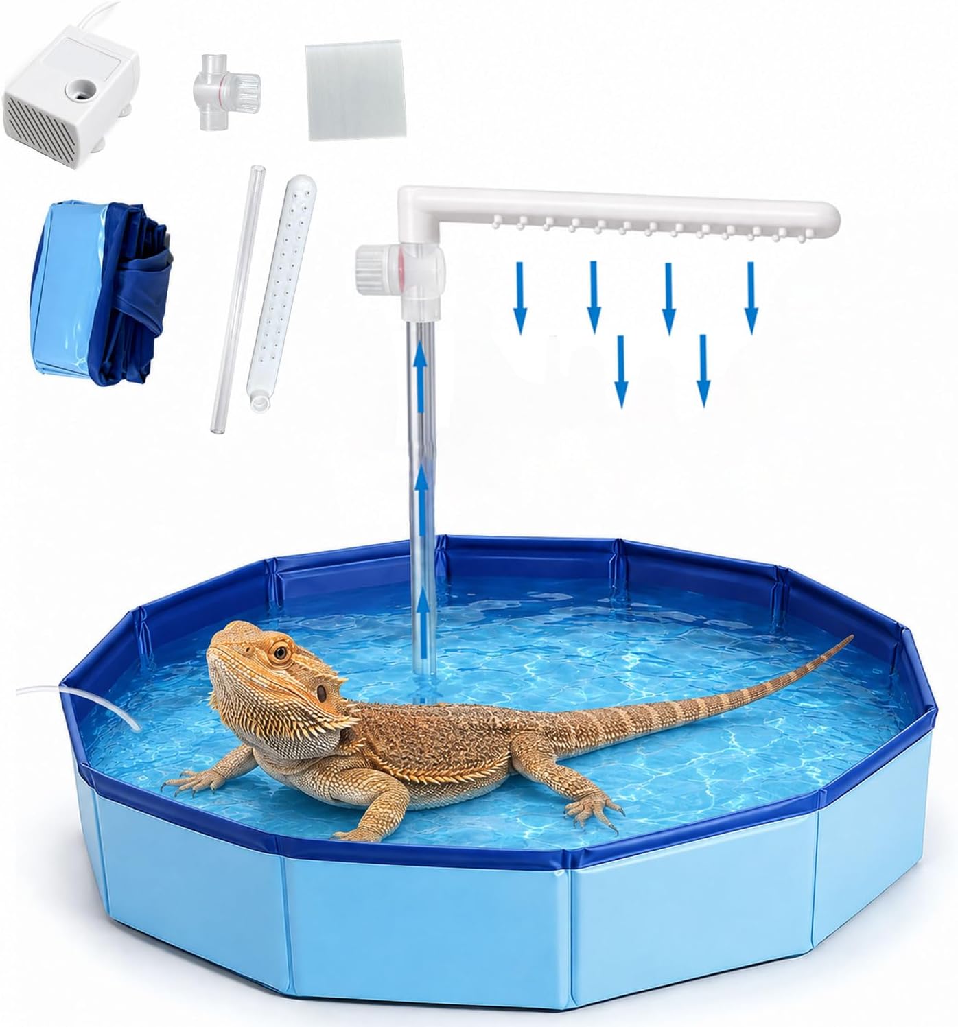 Bearded Dragon Water Fountain Reptile Pool with Foldable Bath Tub