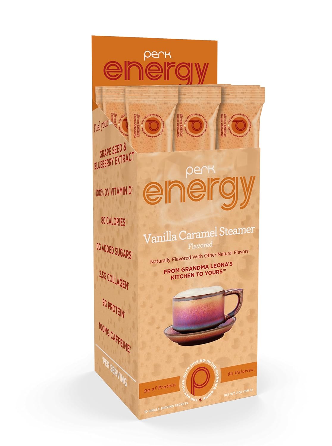 Perk Energy Original Vanilla Caramel Steamer Flavored Drink Powder (10 Servings Stickpack) - Gluten-Free, Peanut-Free, Soy-Free - Image 3