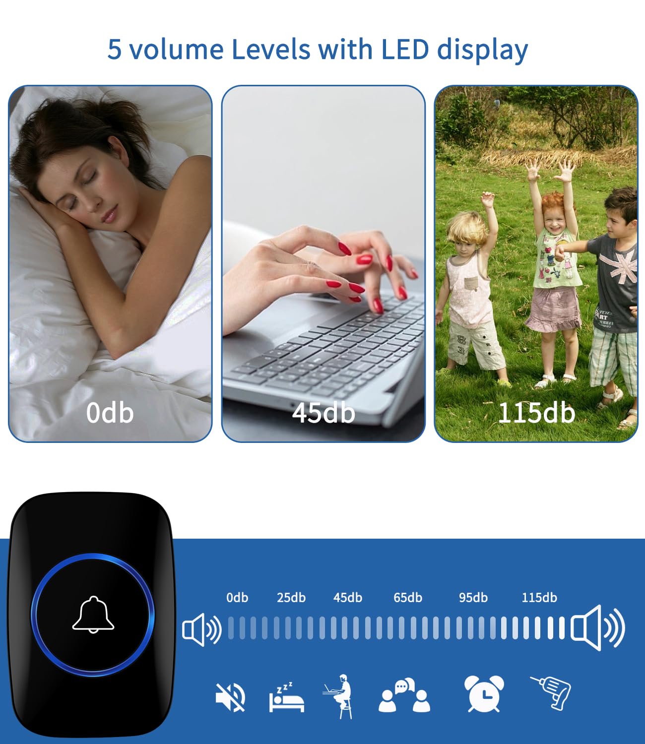 Zawaer Campanello Senza Fili da Esterno, Set Impermeabili Campanelli Casa Anteriore di 300m, Campanello Porta Ingresso con 60 Melodie, 5 Livelli di Volume e Display a LED, Nero Doorbell Wireless