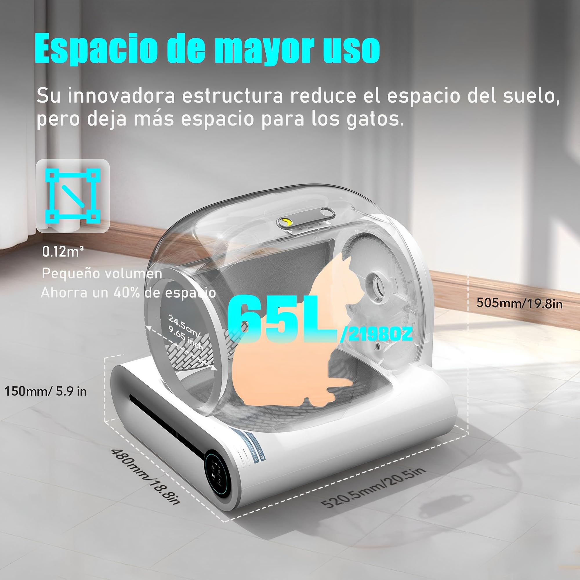 Arenero Gatos Autolimpiable, Caixa De Areia Cerrado para Gatos Automatico, 65L + 9L XXL, Desodorizante, Controlado por Aplicación, Cagadero Autolimpiable Grande, Adecuado para Varios Gatos