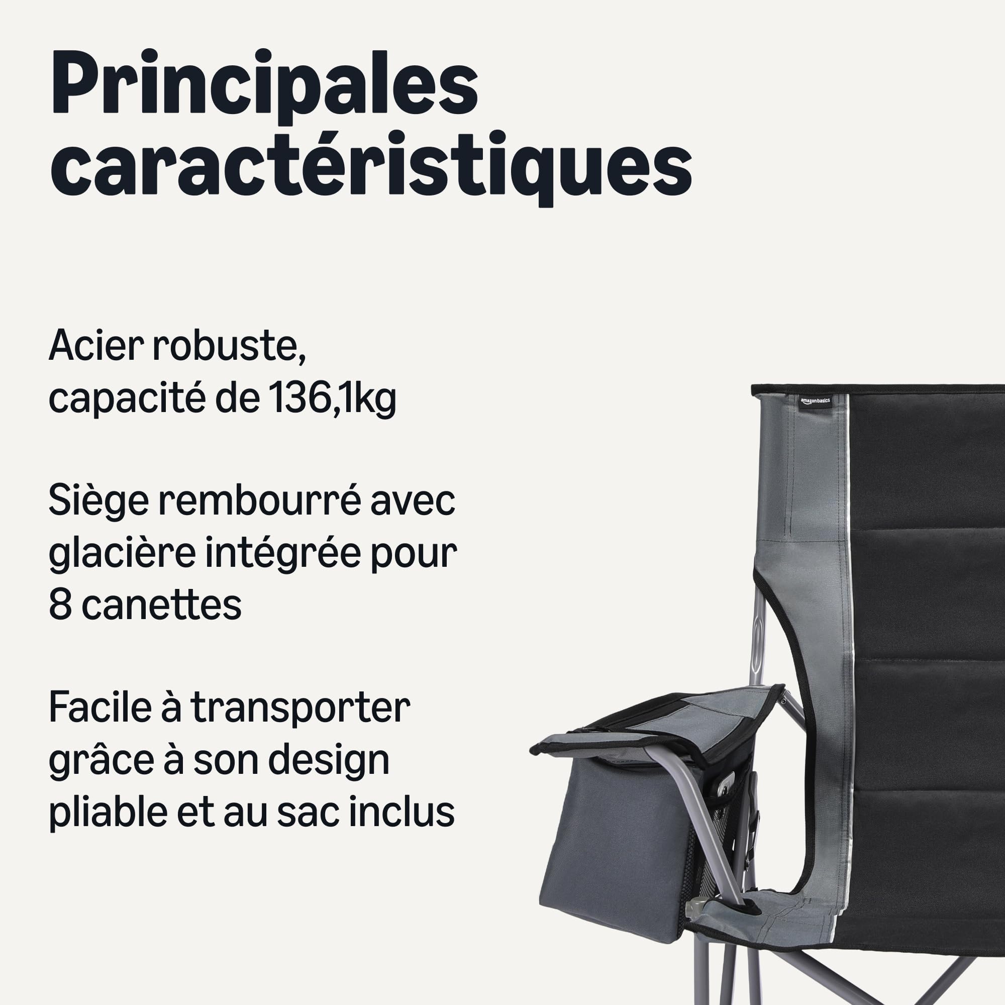 Chaise de camping surdimensionnée Amazon Basics, assise et dossier rembourrés, robuste, design pliable, noir et gris