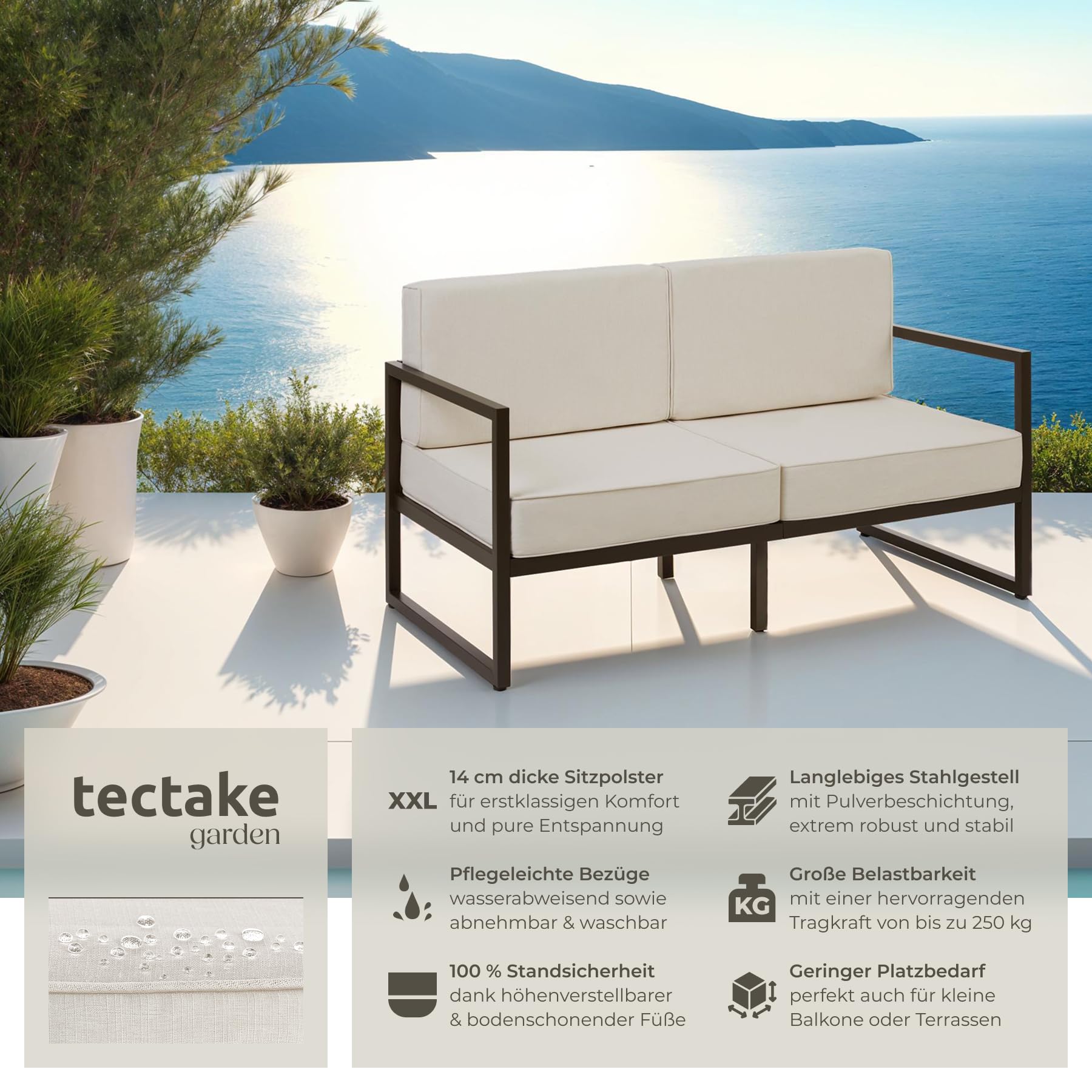 tectake® Garten Lounge Sofa 2 Sitzer, Couch, Gartenmöbel, Balkonmöbel, Terrassenmöbel, Wintergarten Lounge Möbel Outdoor, Gartenbank wetterfest, Sitzbank mit Lehne, Gartenlounge - 2 Sitzplätze