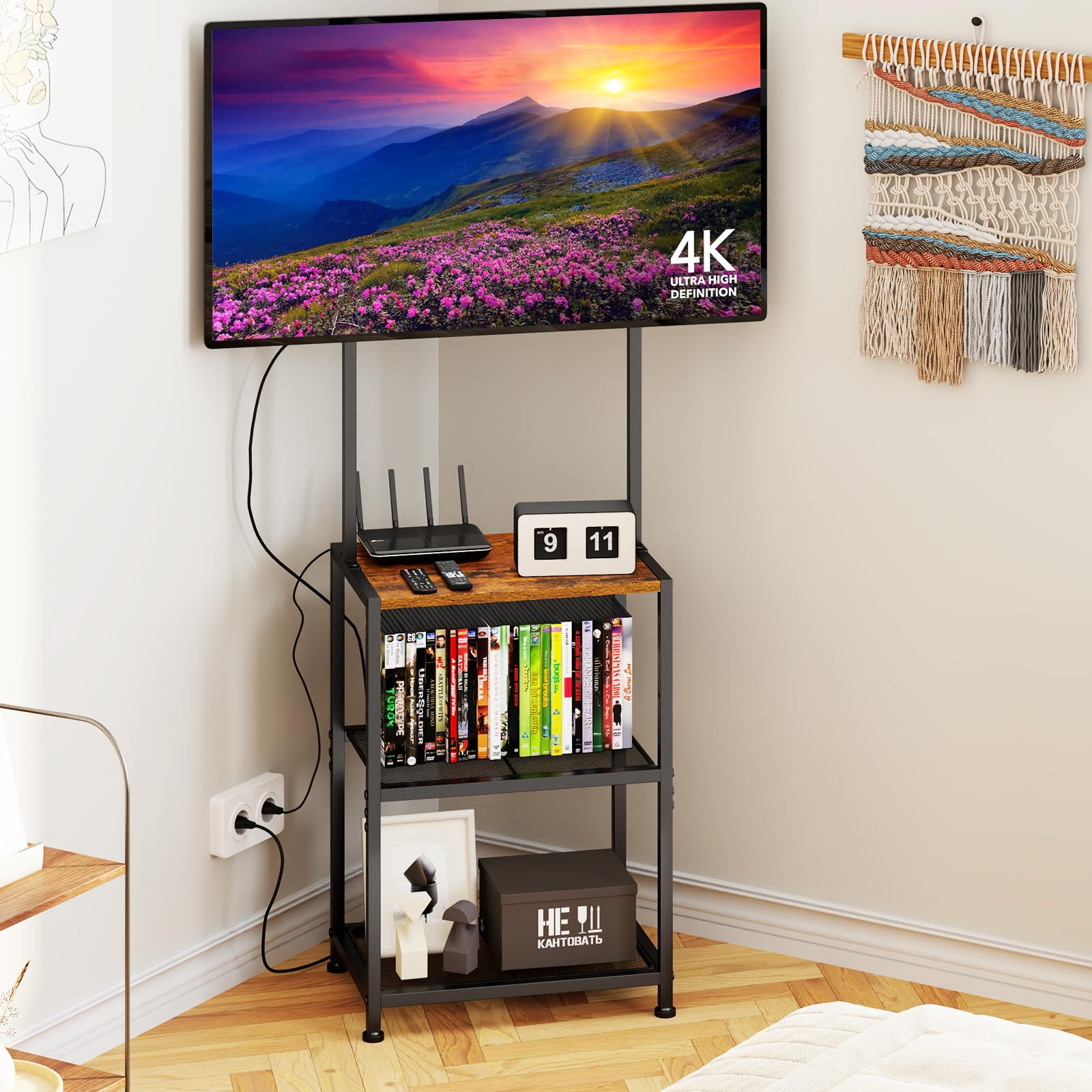 Photo 1 of 14 Inch to 42 Inch Small Corner TV Stand for Bedroom With 3 Tiers Storage Shelves, Floor Universal Television Stand With Mount For 40 Inch 32 Inch TV,Brown TV Table Shelf With Adjustable Feet, Sturdy