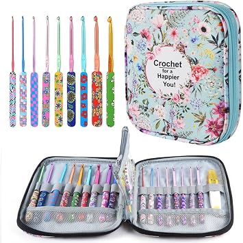 Portable Zipper Crochet Hook Storage Organizer Bag with 9 Size Colorful Metal Crochet Hooks