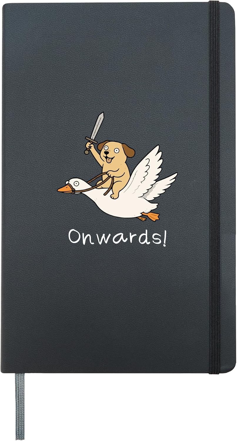 Onwards! Funny Dog with Sword on Goose Knight Humour Hardcover Journal, Black