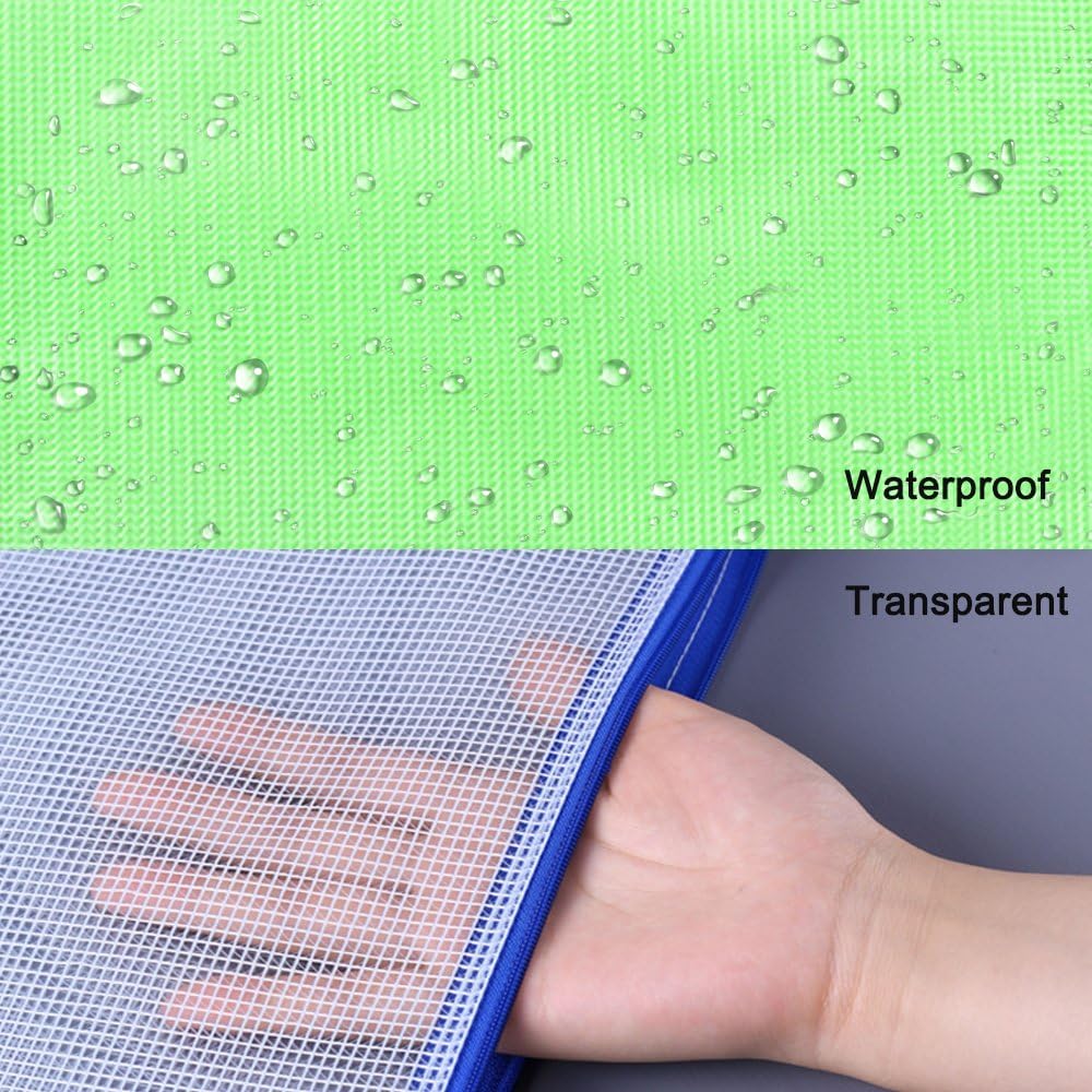 14 pcs Plastic Zip File Folders, AFUNTA 7 Sizes Waterproof Paper Document Zipper Mesh Bags PVC Storage Pouches - Yellow, White, Green, Blue