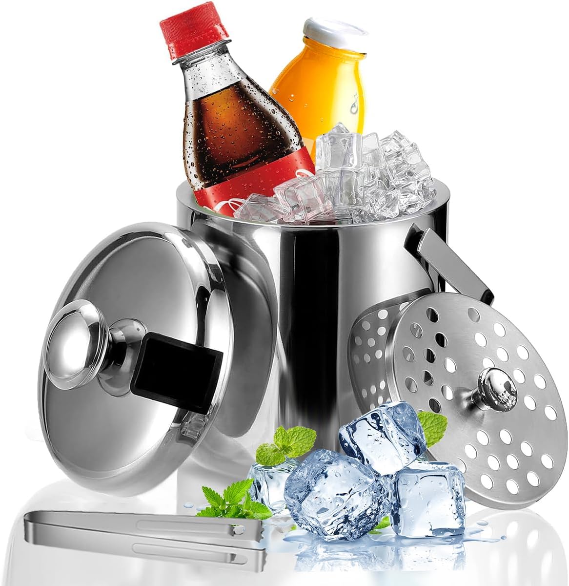 3L Ice Bucket Stainless Steel Ice Bucket with Lid, Strainer & Tongs, Double Wall Ice Cube Container Ice Tub Drink Wine Chiller for Parties Camping Cocktail Bar Picnics Outdoor Keep Ice Frozen Longer