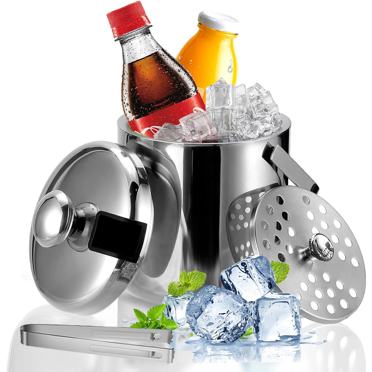 3L Ice Bucket Stainless Steel Ice Bucket with Lid, Strainer & Tongs, Double Wall Ice Cube Container Ice Tub Drink Wine Chiller for Parties Camping Cocktail Bar Picnics Outdoor Keep Ice Frozen Longer