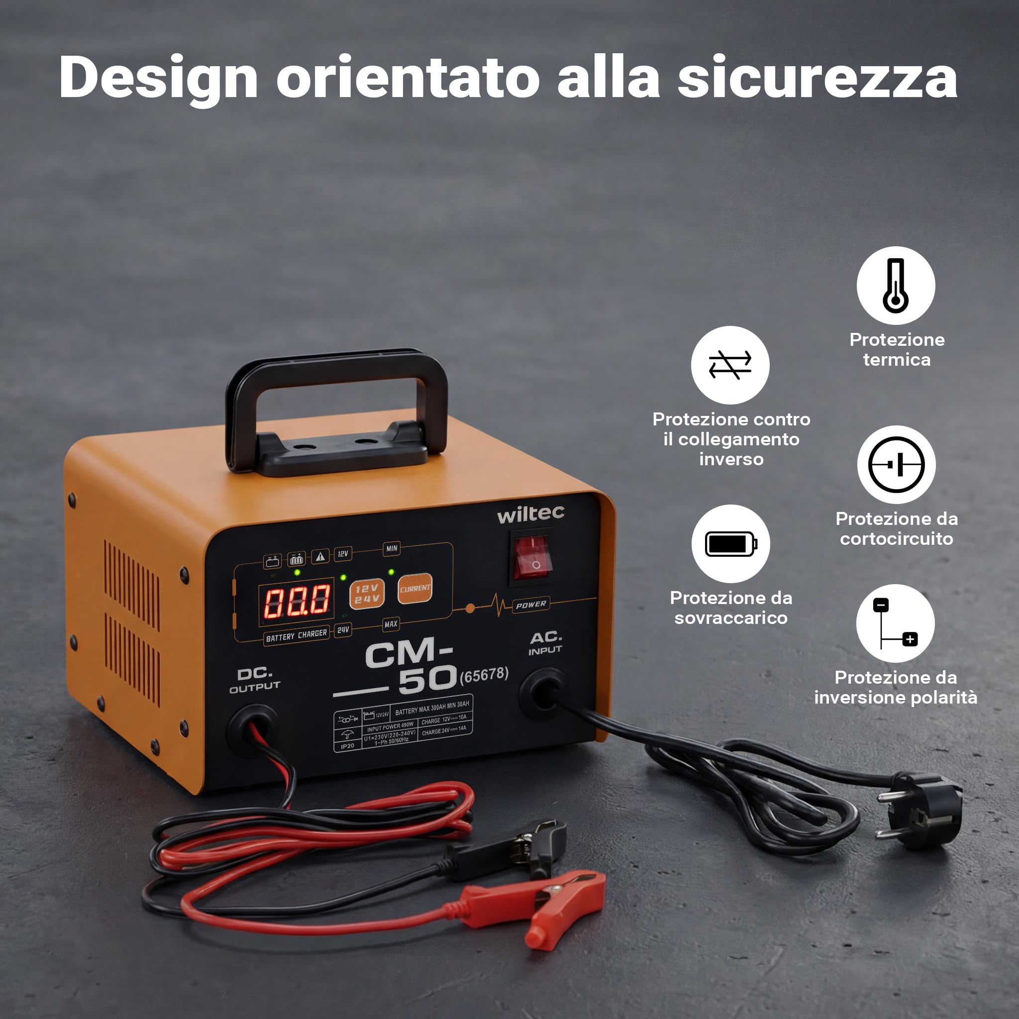 Wiltec Caricabatterie 12-24 V, 16 Ah, 30-300 Ah per batterie auto e moto, avviamento di emergenza 490 W, carica batteria intelligente con display LCD e maniglia per il trasporto