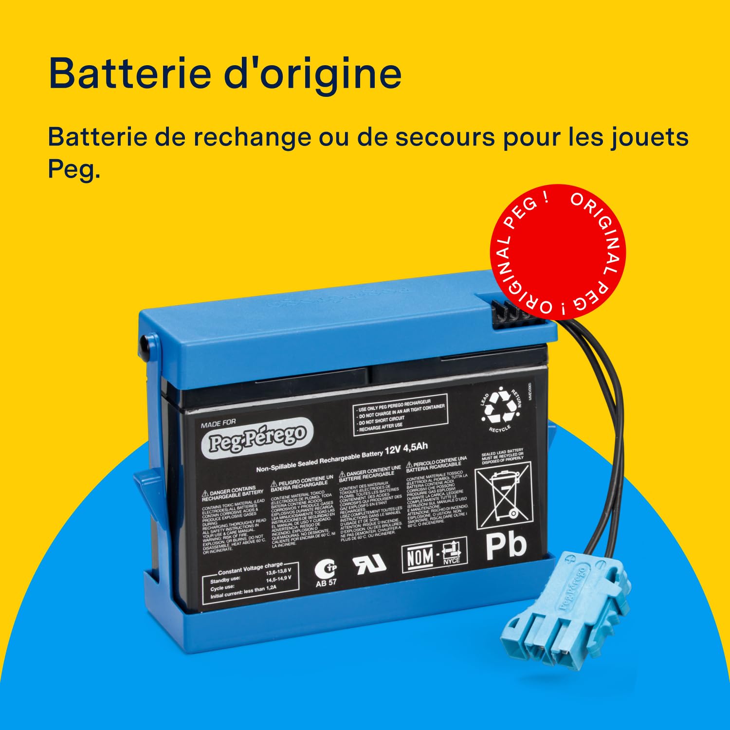 PEG Batterie 12V/4.5Ah - Pièce de Rechange Originale Rechargeable pour Véhicules Électriques Peg Perego