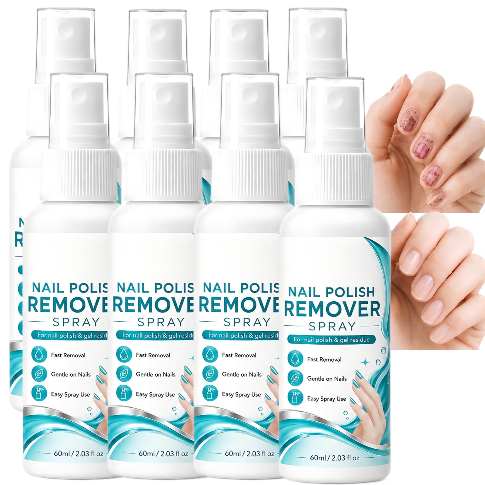 Spray dissolvant de vernis à ongles, dissolvant de colle à ongles sur les ongles, spray de colle solide sans acétone, élimination rapide sans trempage en 3-5 minutes, formule douce de (8pcs)