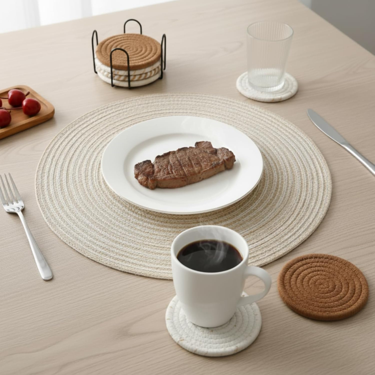 17 Pcs Drink Coaster Placemat Set with Holder, 4 Colors Heat Resistant Absorbent Woven Cotton 4.3'' Coasters for Drinks 15'' Round Placemats for Dining Living Room Tabletop Protection(Light Color)