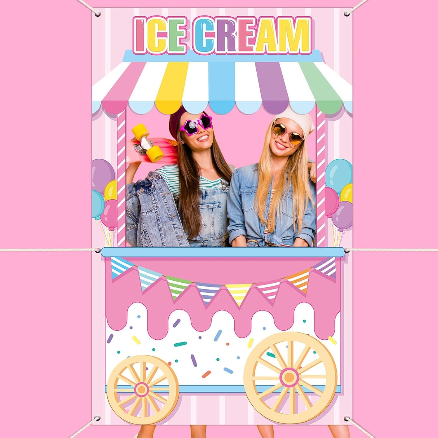Ice Cream Shoppe Photo Prop Backdrop for Girl's Ice Cream Birthday Party Decorations Fabric Sweet Backdrop Background Banner Birthday Party Supplies Favors 62.9 x 39.3 Inch
